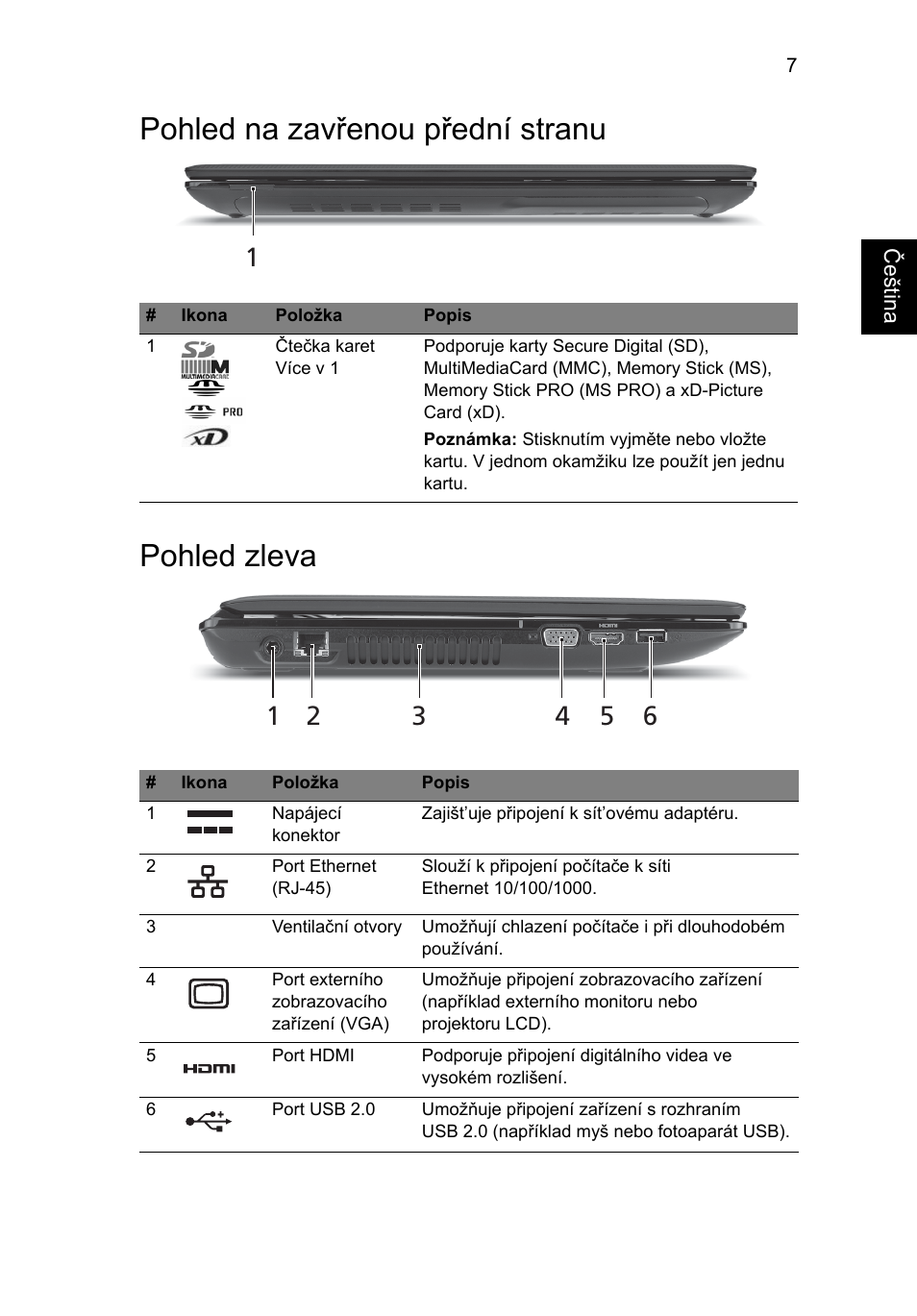 Pohled na zavřenou přední stranu, Pohled zleva, Pohled na zavřenou přední stranu pohled zleva | Acer Aspire 4741ZG User Manual | Page 151 / 313