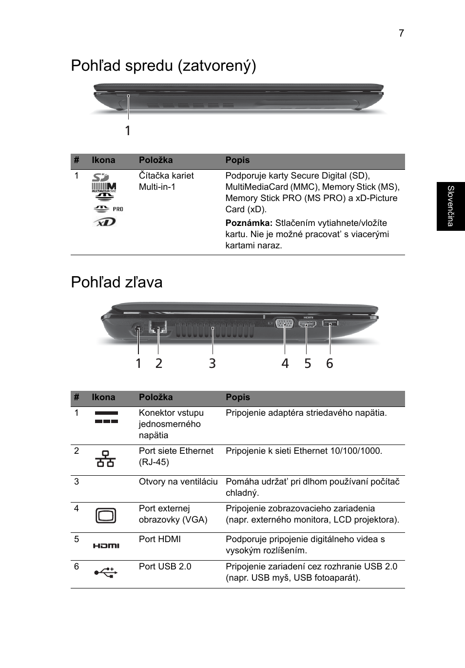 Pohľad spredu (zatvorený), Pohľad zľava, Pohľad spredu (zatvorený) pohľad zľava | Acer Aspire 4741ZG User Manual | Page 161 / 313