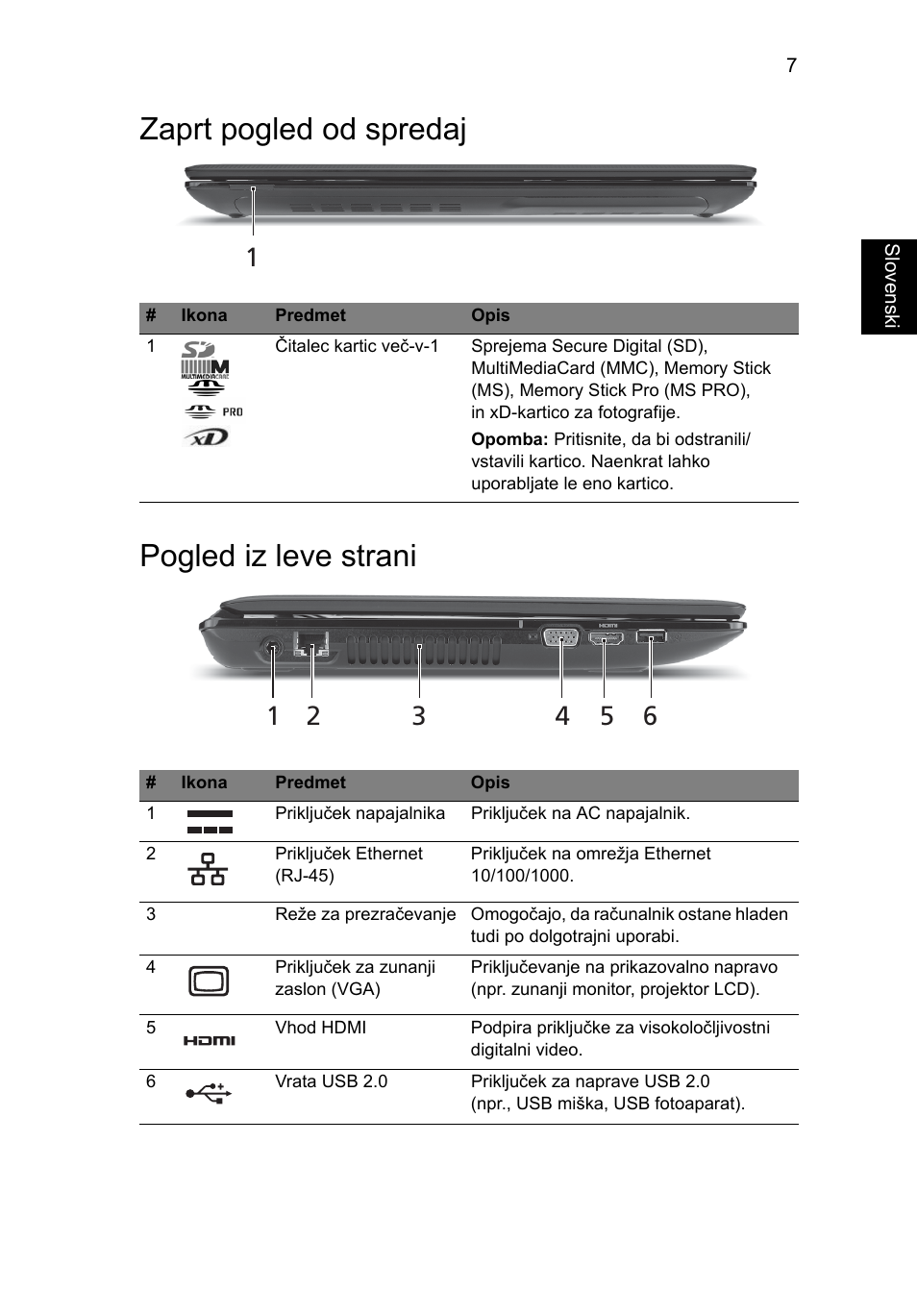 Zaprt pogled od spredaj, Pogled iz leve strani, Zaprt pogled od spredaj pogled iz leve strani | Acer Aspire 4741ZG User Manual | Page 171 / 313