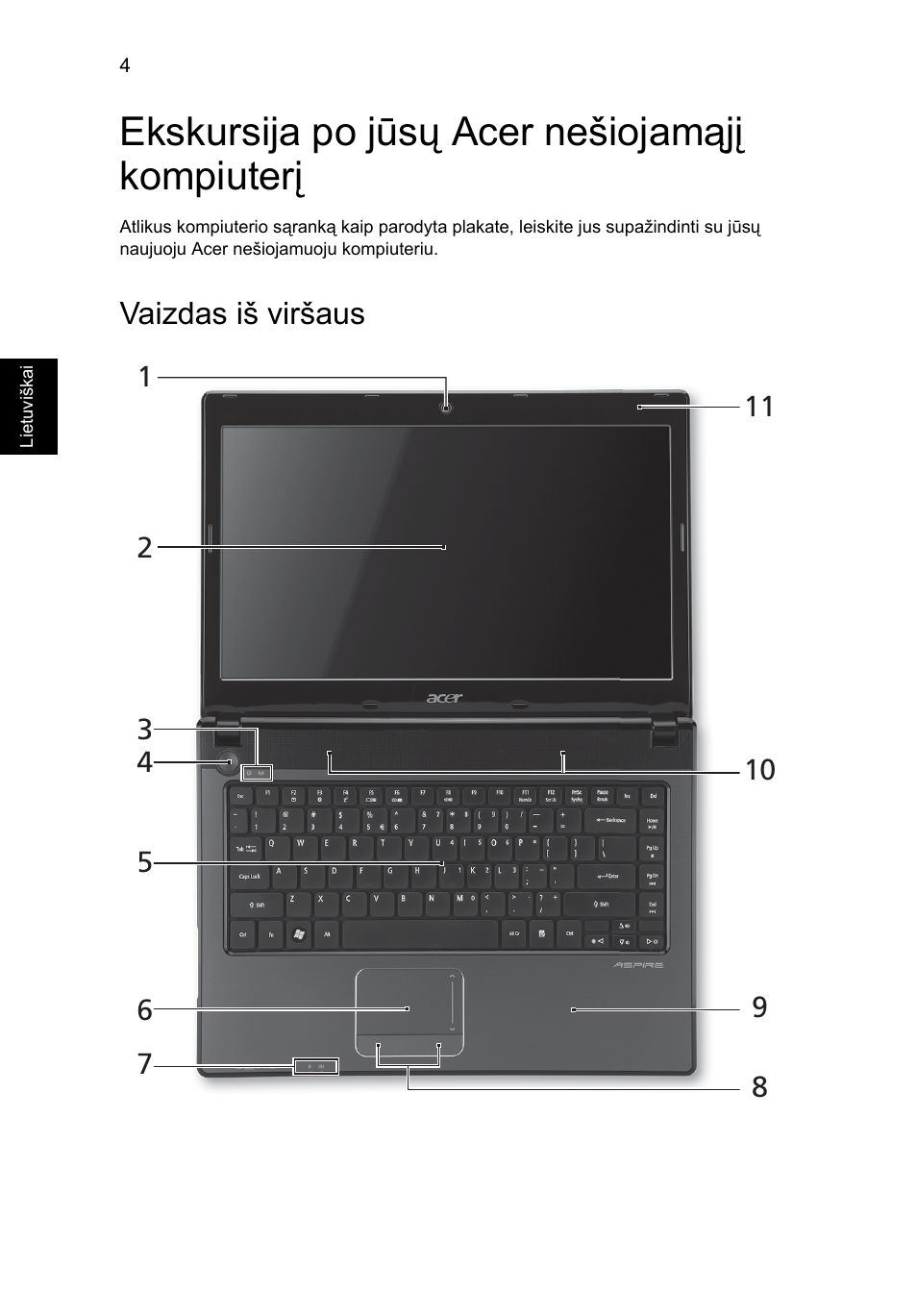 Ekskursija po jūsų acer nešiojamąjį kompiuterį, Vaizdas iš viršaus | Acer Aspire 4741ZG User Manual | Page 228 / 313