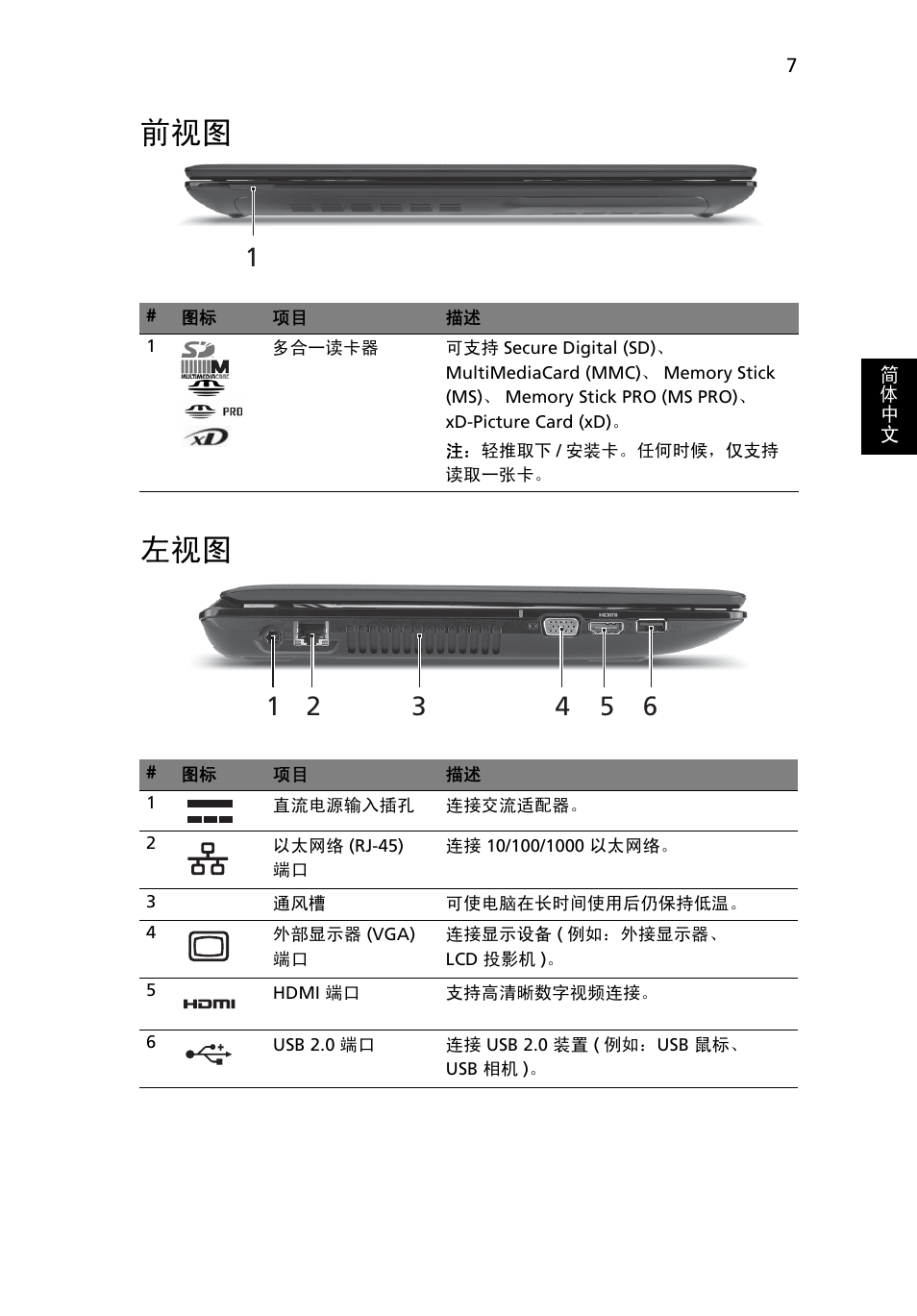 前视图 左视图 | Acer Aspire 4741ZG User Manual | Page 291 / 313