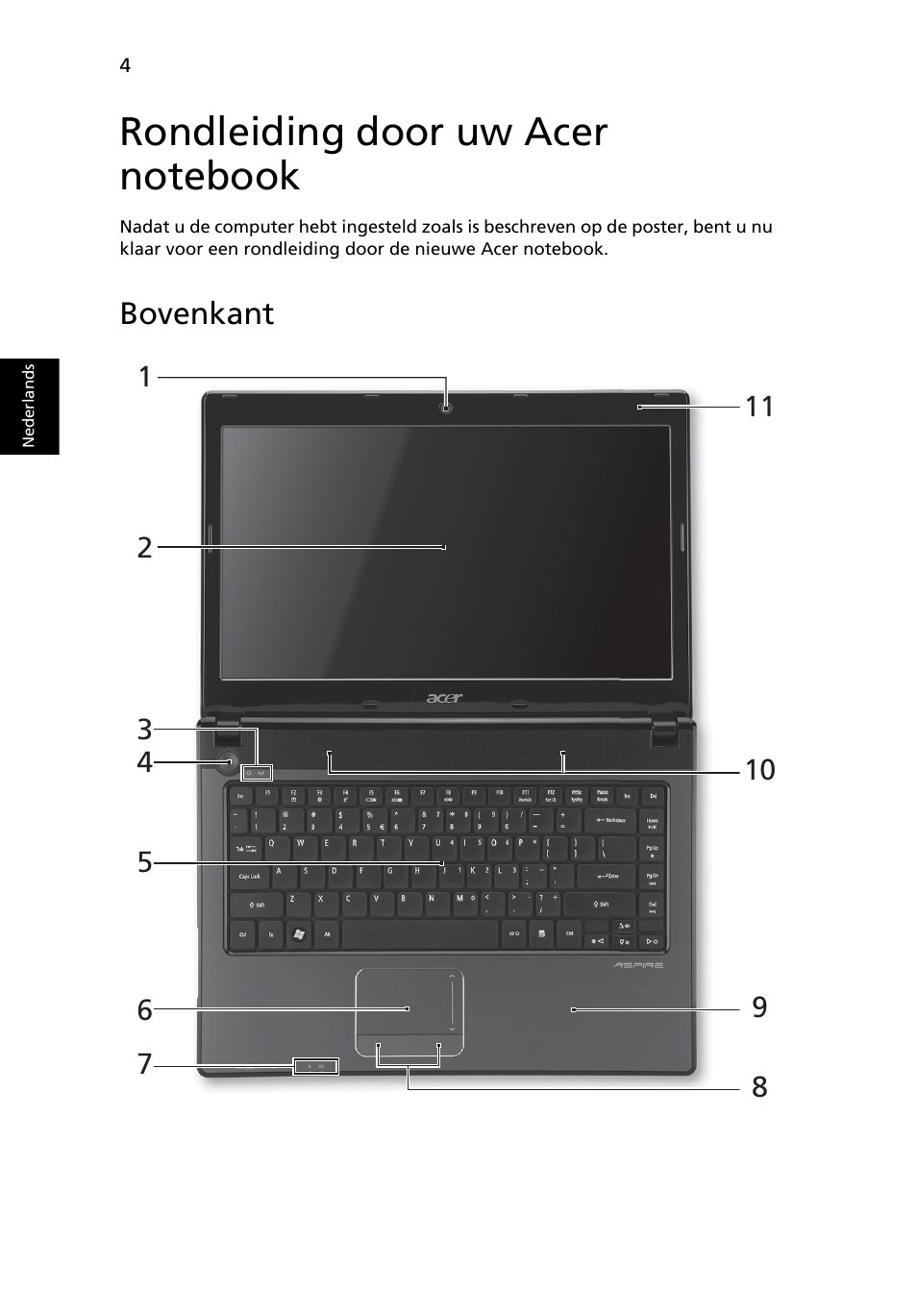 Rondleiding door uw acer notebook, Bovenkant | Acer Aspire 4741ZG User Manual | Page 68 / 313