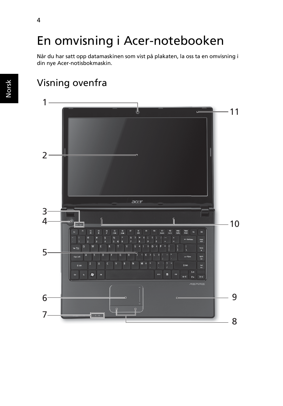 En omvisning i acer-notebooken, Visning ovenfra | Acer Aspire 4741ZG User Manual | Page 78 / 313