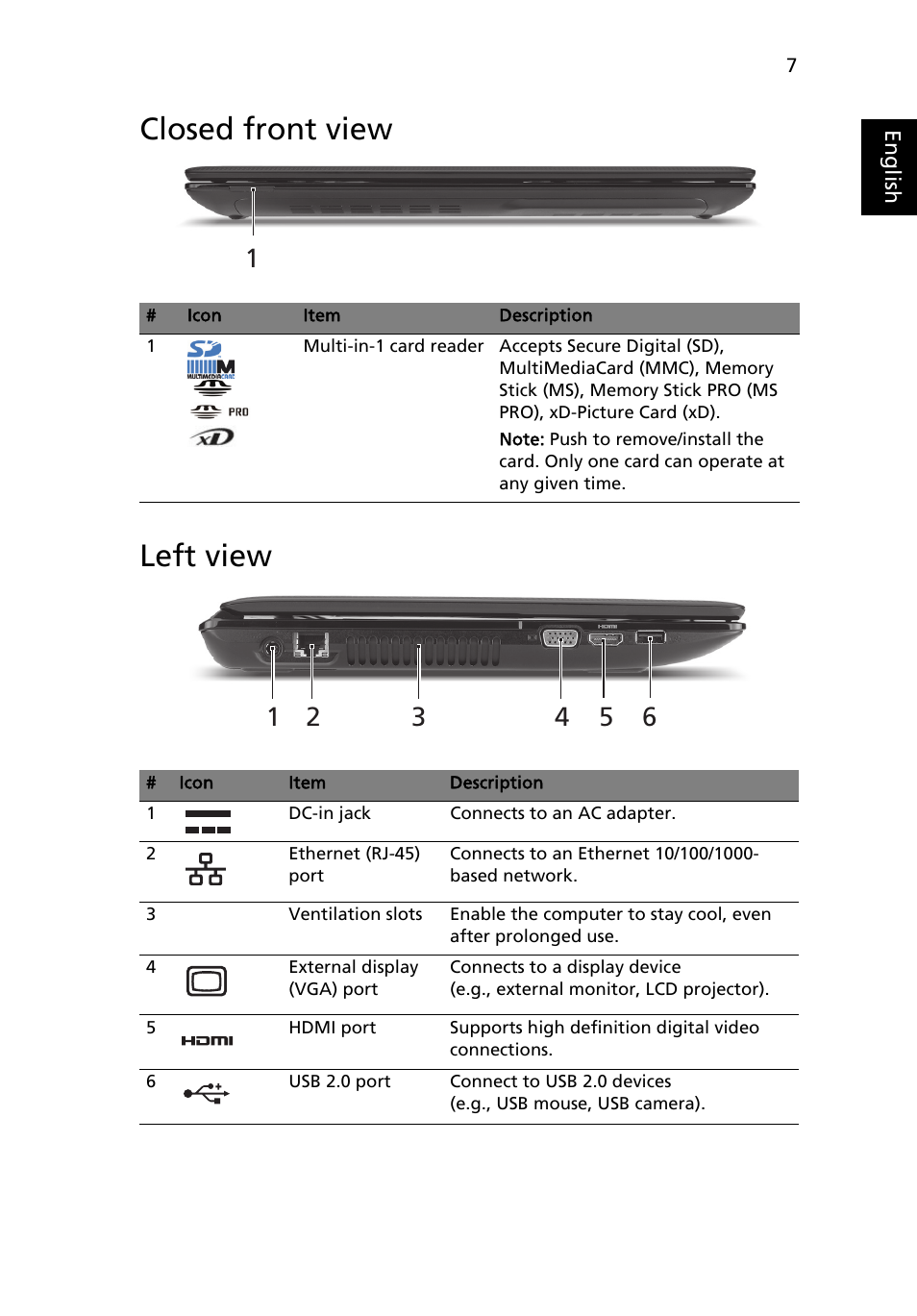 Closed front view, Left view, Closed front view left view | Acer Aspire 4741ZG User Manual | Page 9 / 313