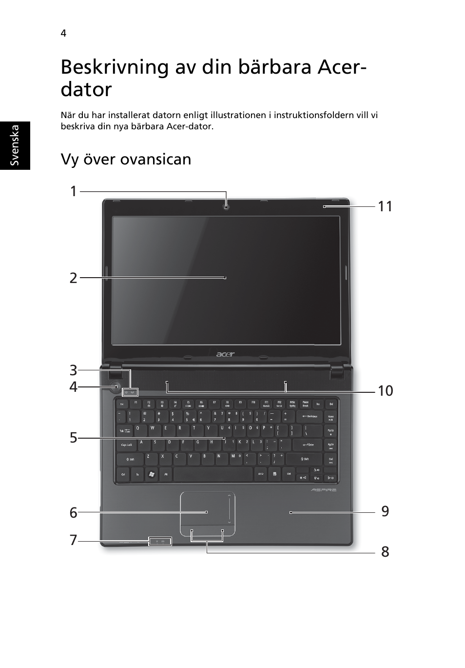 Beskrivning av din bärbara acer- dator, Vy över ovansican | Acer Aspire 4741ZG User Manual | Page 98 / 313