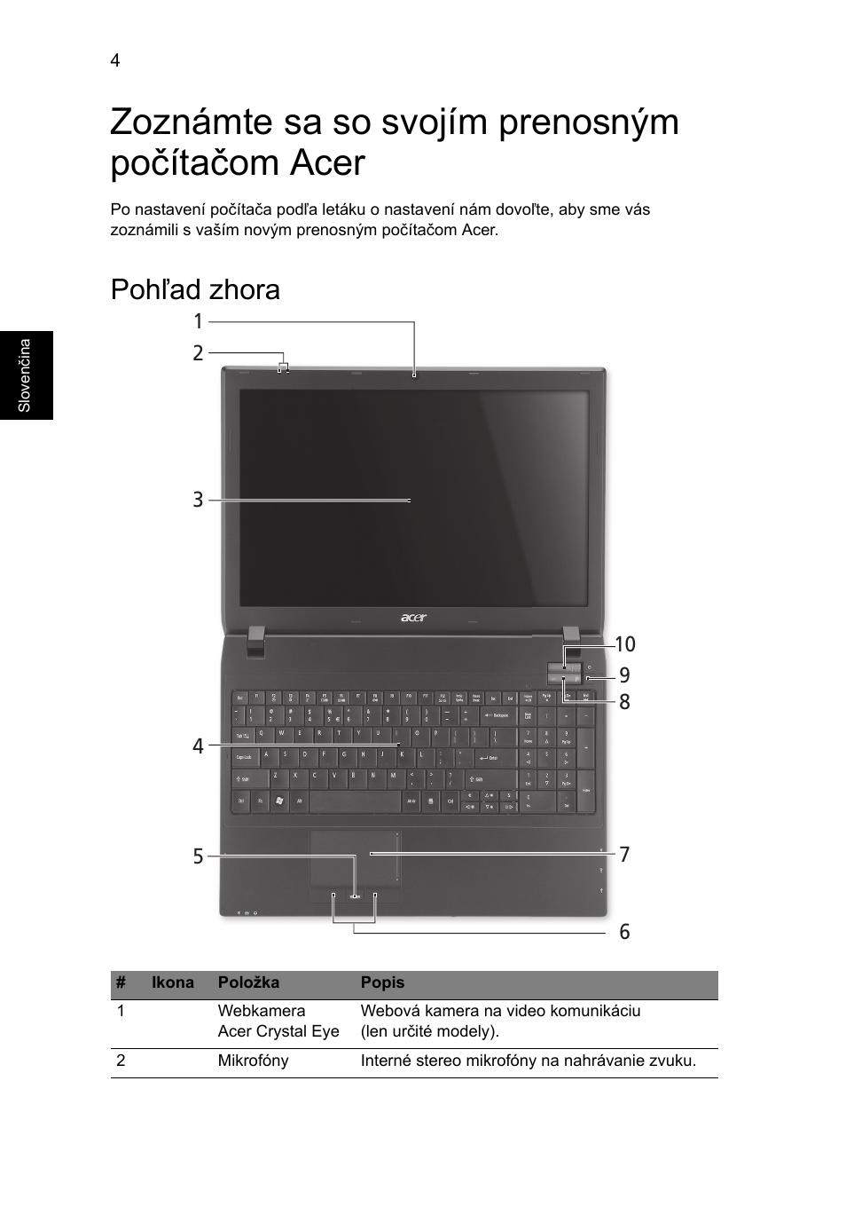 Zoznámte sa so svojím prenosným počítačom ace, Pohľad zhora, Zoznámte sa so svojím prenosným počítačom acer | Acer TravelMate 8572Z User Manual | Page 158 / 314