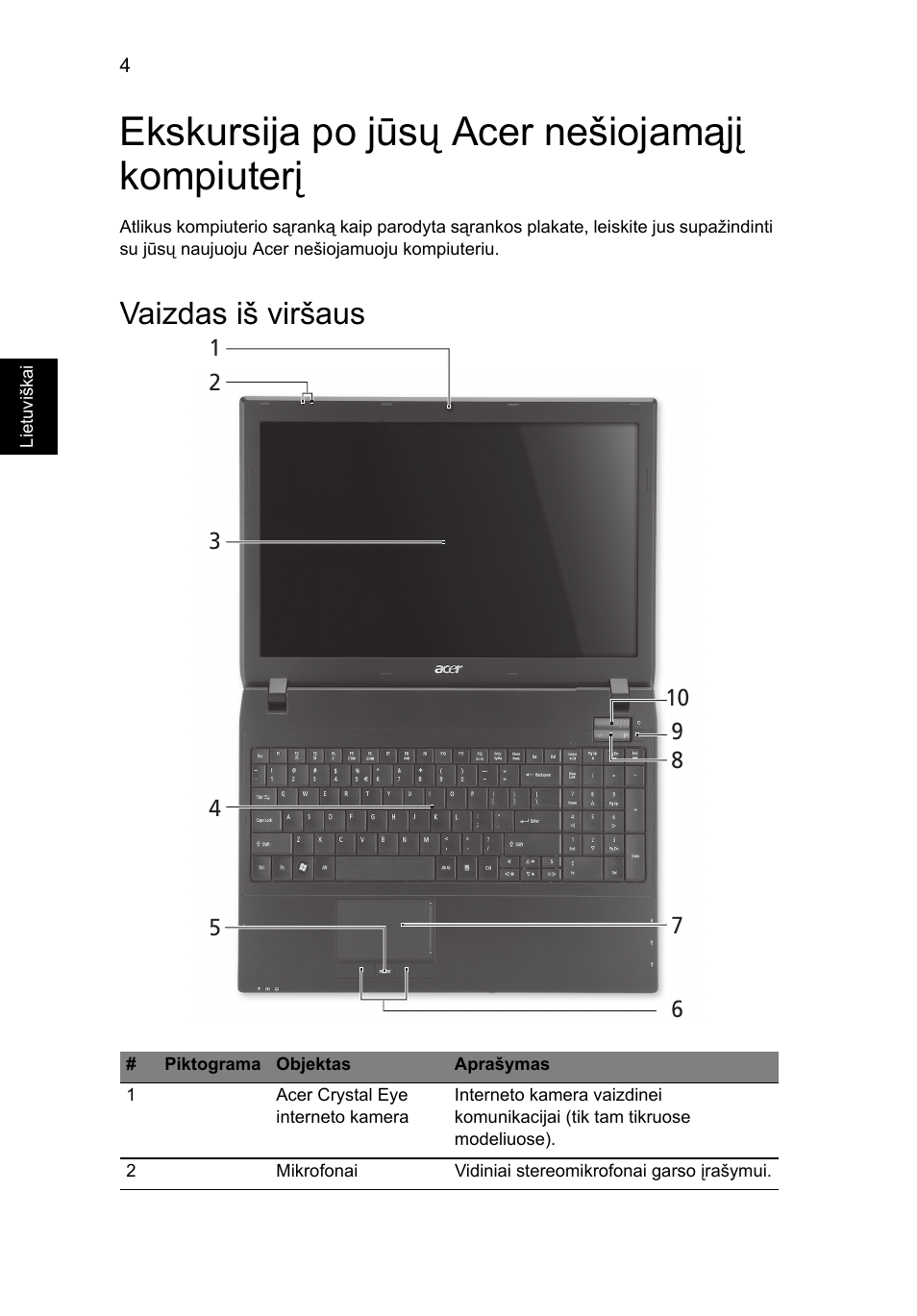 Ekskursija po jūsų acer nešiojamąjį kompiuterį, Vaizdas iš viršaus | Acer TravelMate 8572Z User Manual | Page 228 / 314