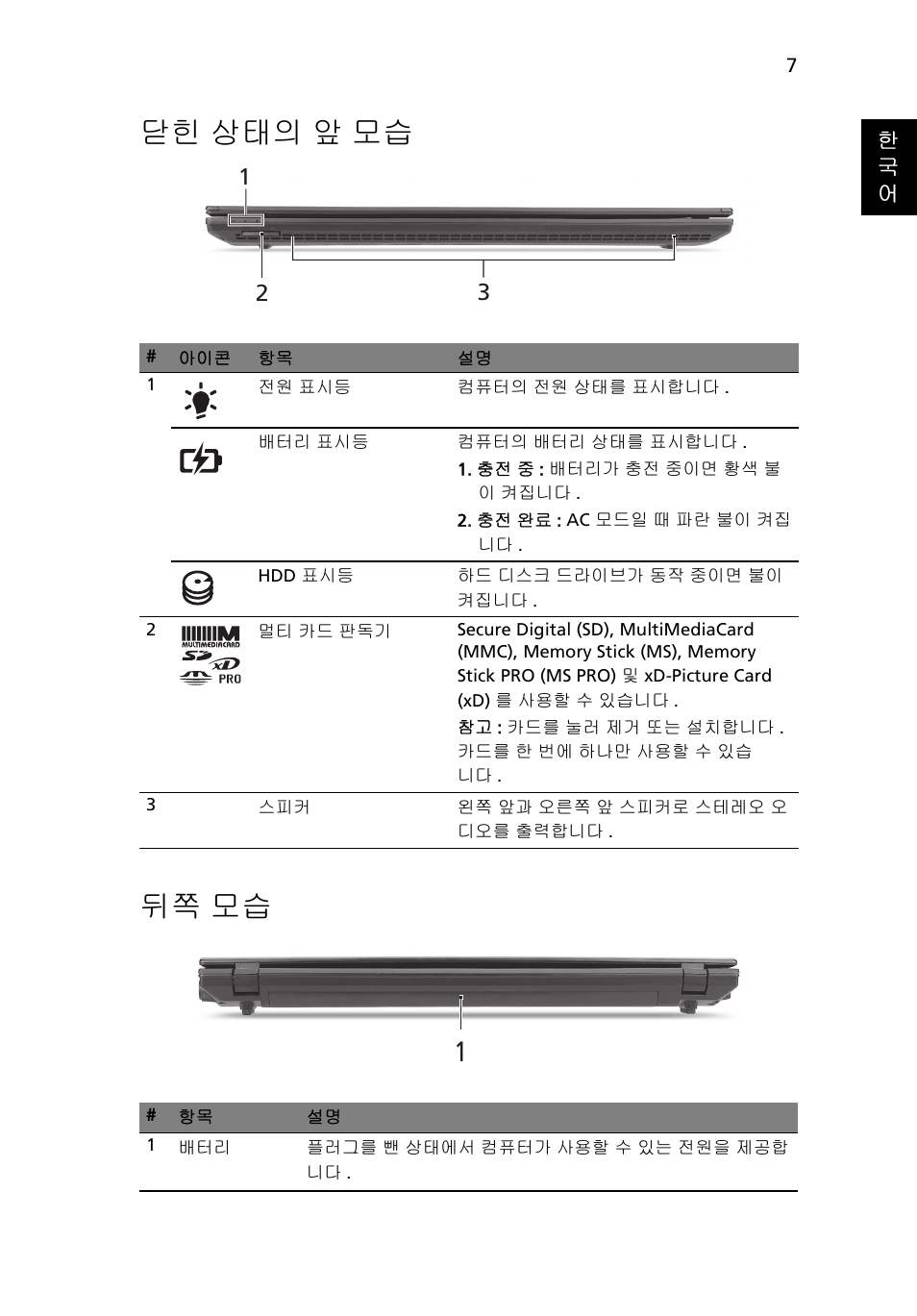 닫힌 상태의 앞 모습, 뒤쪽 모습, 닫힌 상태의 앞 모습 뒤쪽 모습 | Acer TravelMate 8572Z User Manual | Page 271 / 314