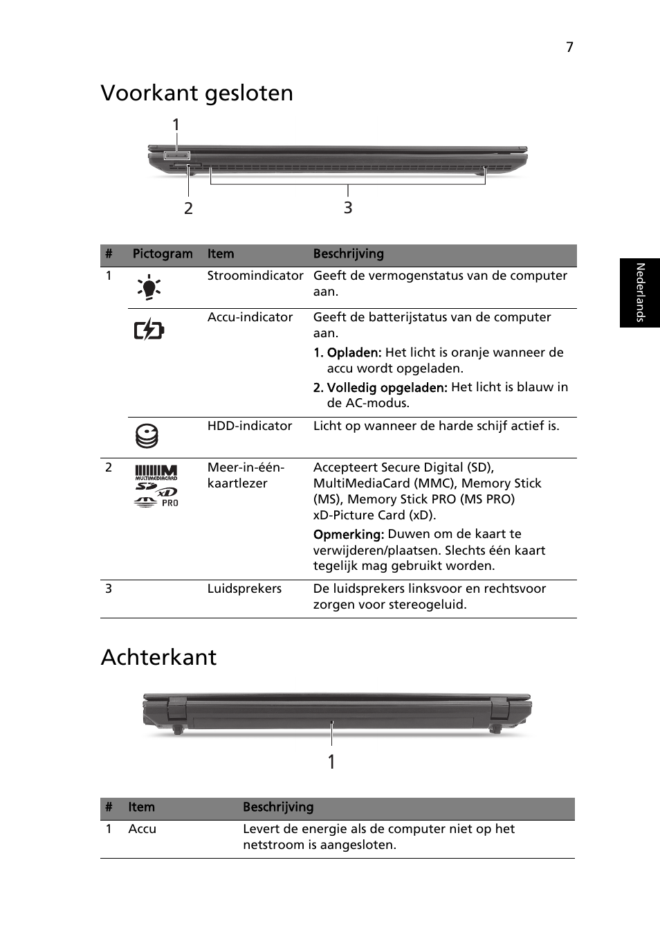 Voorkant gesloten, Achterkant, Voorkant gesloten achterkant | Acer TravelMate 8572Z User Manual | Page 71 / 314