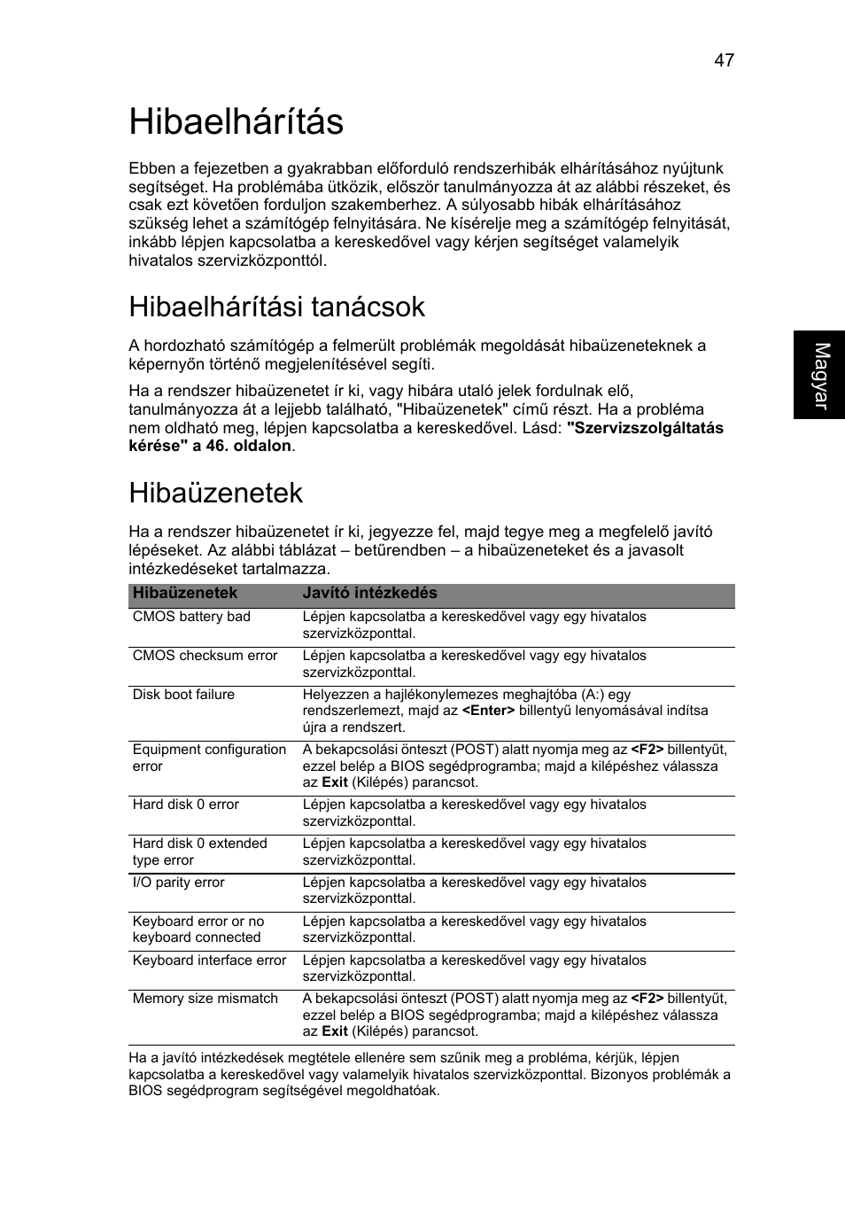 Hibaelhárítás, Hibaelhárítási tanácsok, Hibaüzenetek | Acer Aspire 5745DG User Manual | Page 1009 / 2217