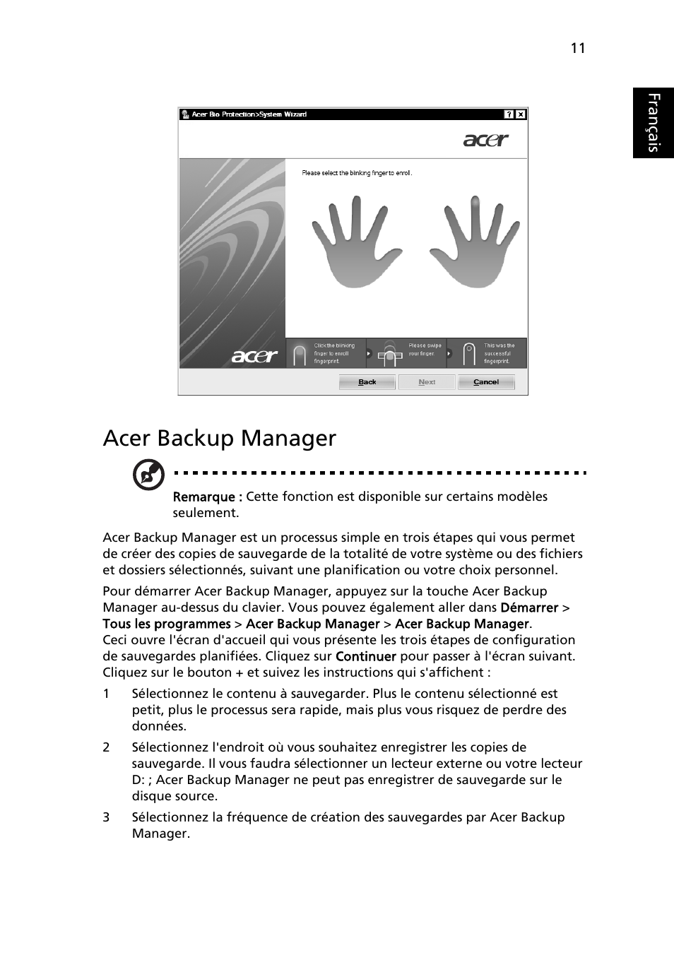 Acer backup manager, Français | Acer Aspire 5745DG User Manual | Page 105 / 2217