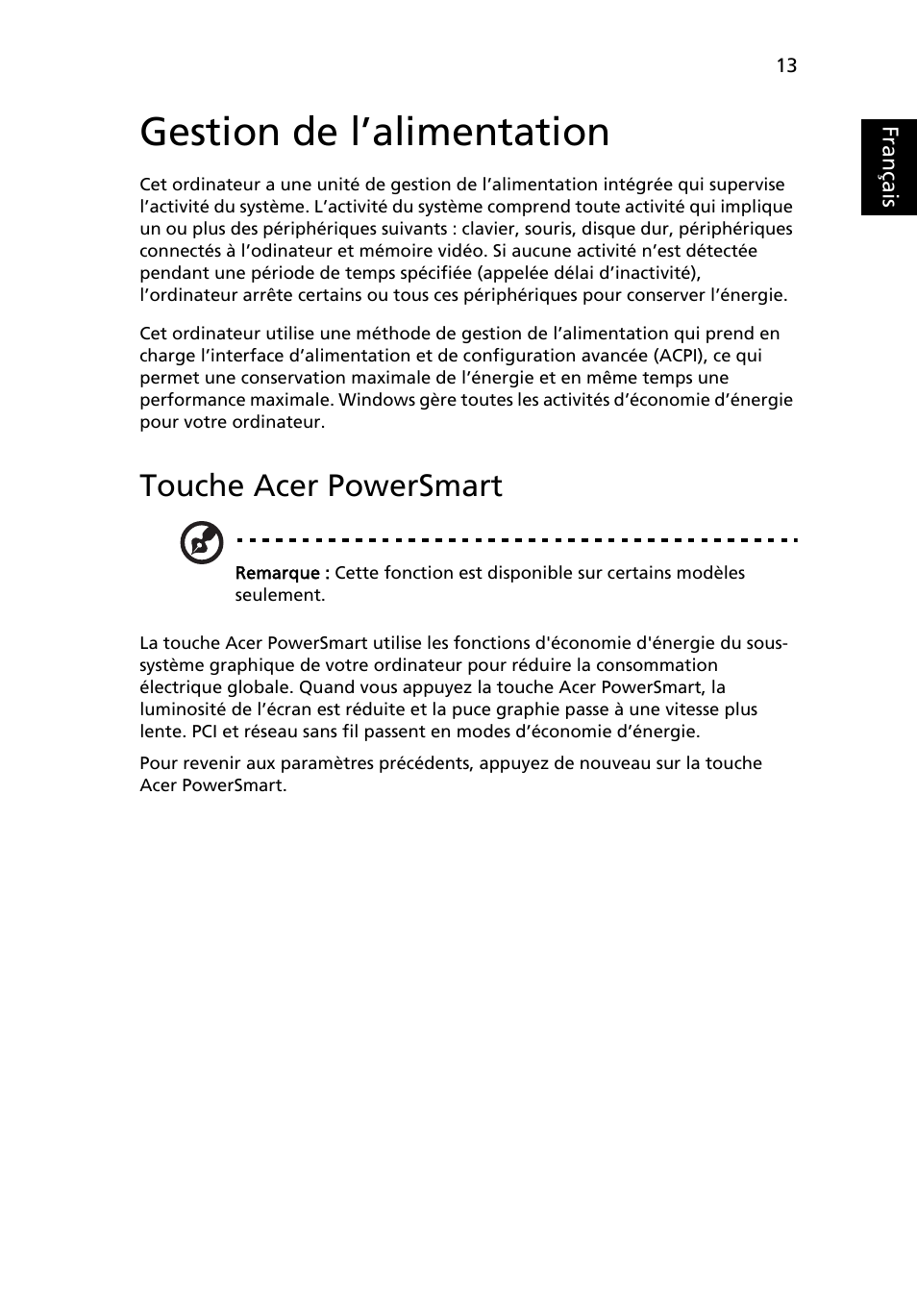 Gestion de l’alimentation, Touche acer powersmart | Acer Aspire 5745DG User Manual | Page 107 / 2217