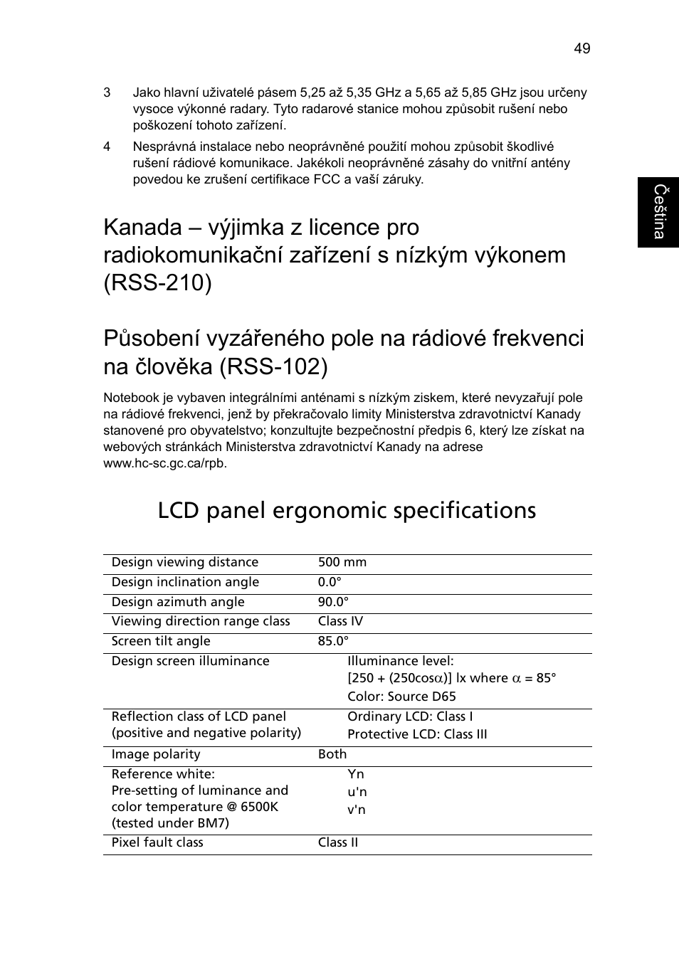 Působení vyzářeného pole na rádiové frekvenci, Lcd panel ergonomic specifications | Acer Aspire 5745DG User Manual | Page 1083 / 2217