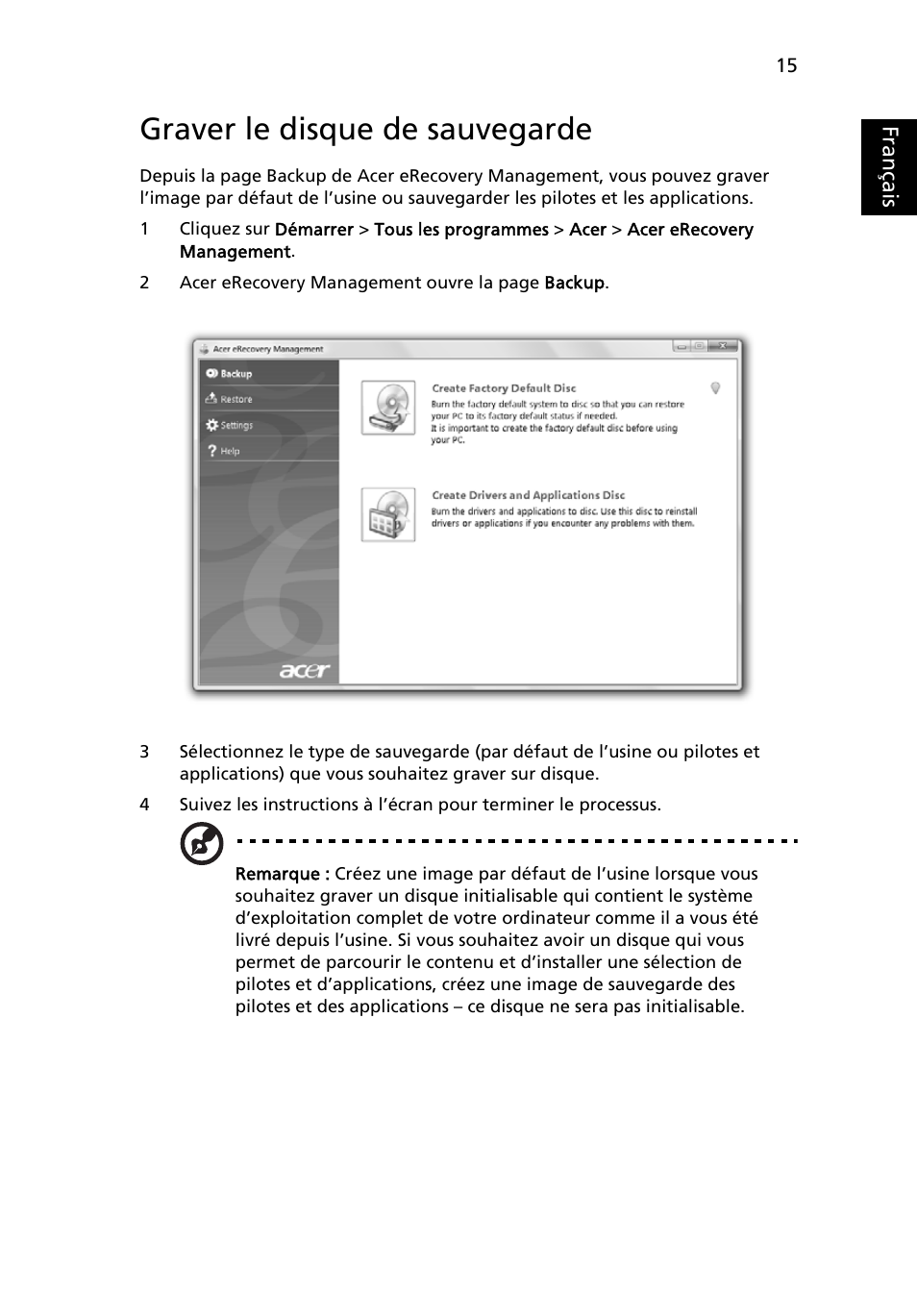 Graver le disque de sauvegarde, Français | Acer Aspire 5745DG User Manual | Page 109 / 2217