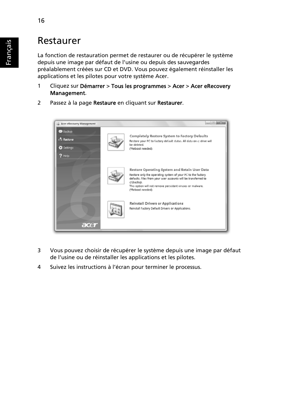 Restaurer | Acer Aspire 5745DG User Manual | Page 110 / 2217