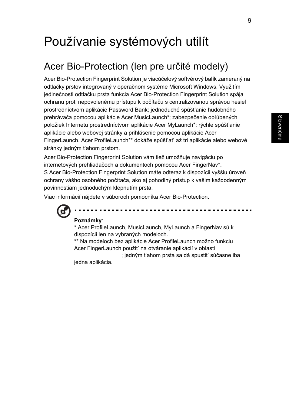 Používanie systémových utilít, Acer bio-protection (len pre určité modely) | Acer Aspire 5745DG User Manual | Page 1113 / 2217