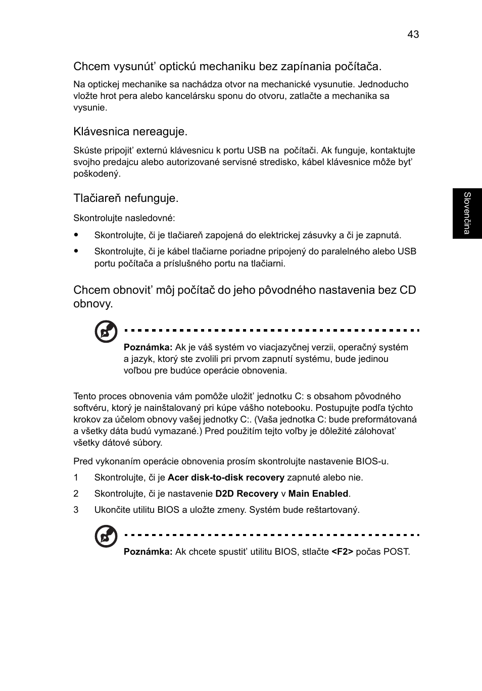 Klávesnica nereaguje, Tlačiareň nefunguje | Acer Aspire 5745DG User Manual | Page 1147 / 2217