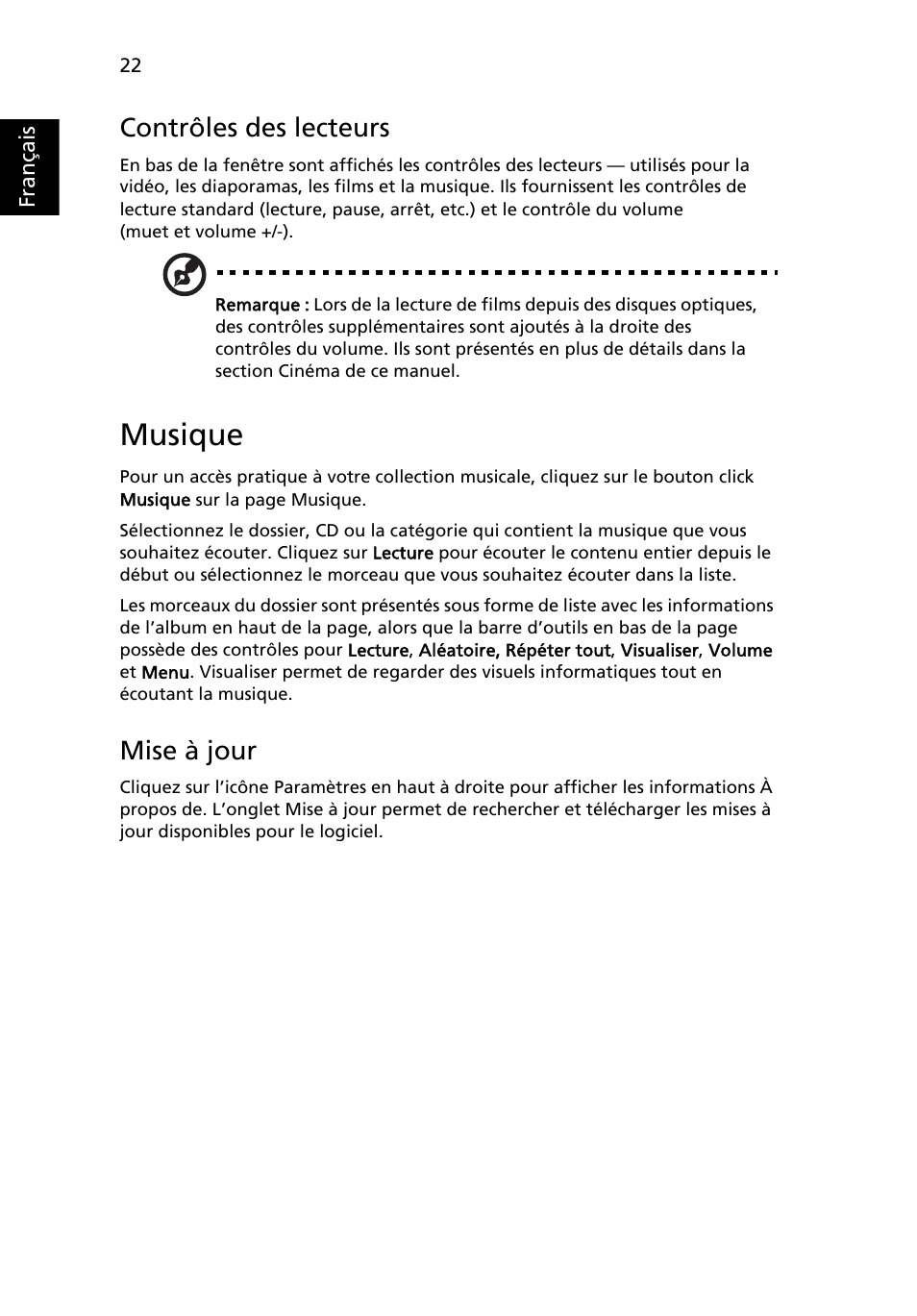 Musique, Contrôles des lecteurs, Mise à jour | Acer Aspire 5745DG User Manual | Page 116 / 2217