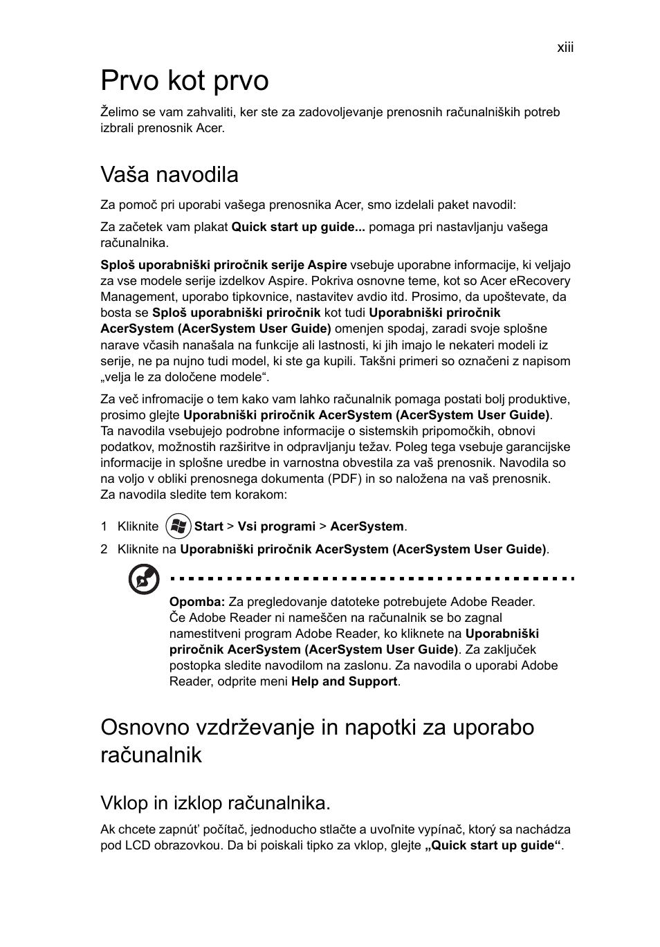 Prvo kot prvo, Vaša navodila, Vklop in izklop računalnika | Acer Aspire 5745DG User Manual | Page 1167 / 2217