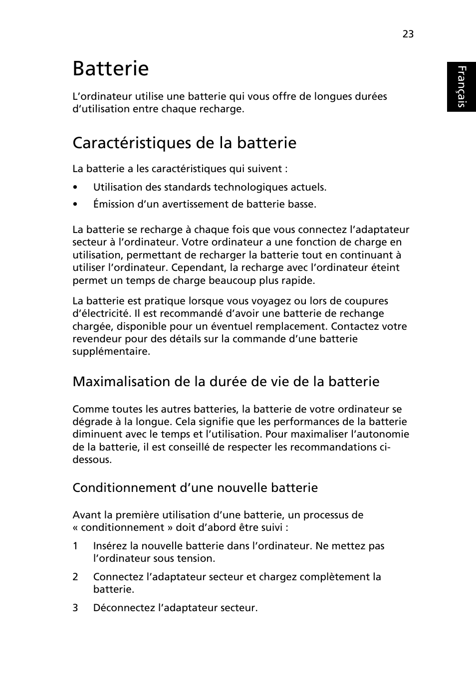 Batterie, Caractéristiques de la batterie, Maximalisation de la durée de vie de la batterie | Français | Acer Aspire 5745DG User Manual | Page 117 / 2217