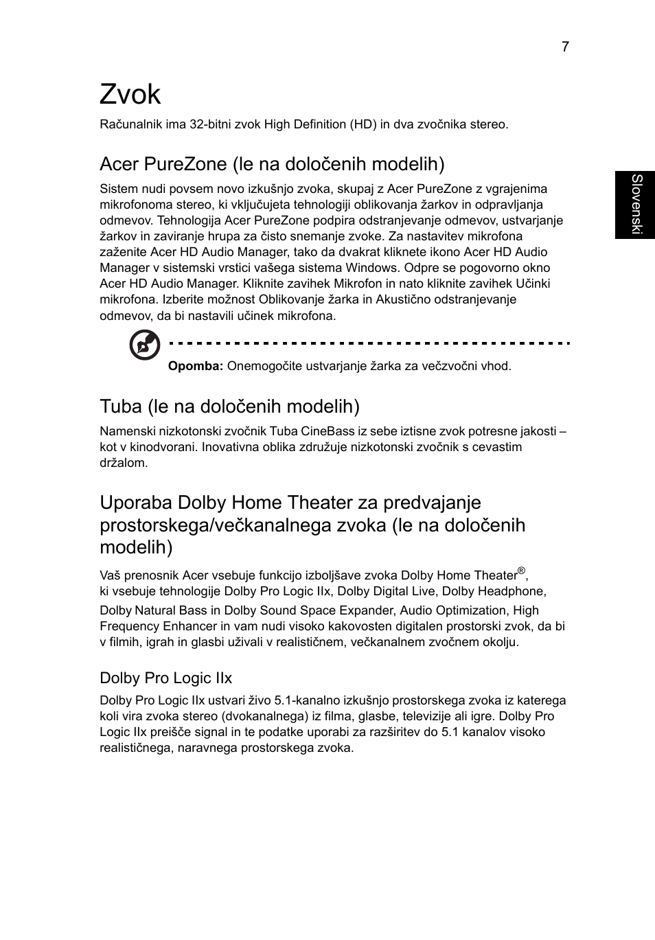 Zvok, Acer purezone (le na določenih modelih), Tuba (le na določenih modelih) | Acer Aspire 5745DG User Manual | Page 1181 / 2217