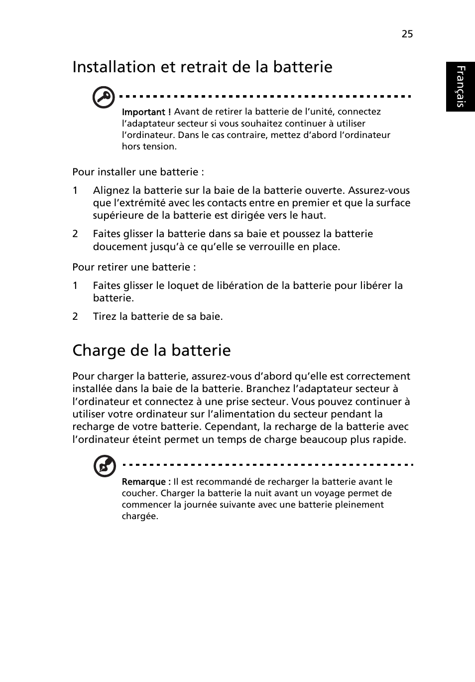Installation et retrait de la batterie, Charge de la batterie, Français | Acer Aspire 5745DG User Manual | Page 119 / 2217