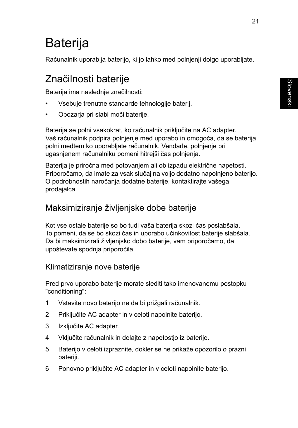 Baterija, Značilnosti baterije, Maksimiziranje življenjske dobe baterije | Acer Aspire 5745DG User Manual | Page 1195 / 2217
