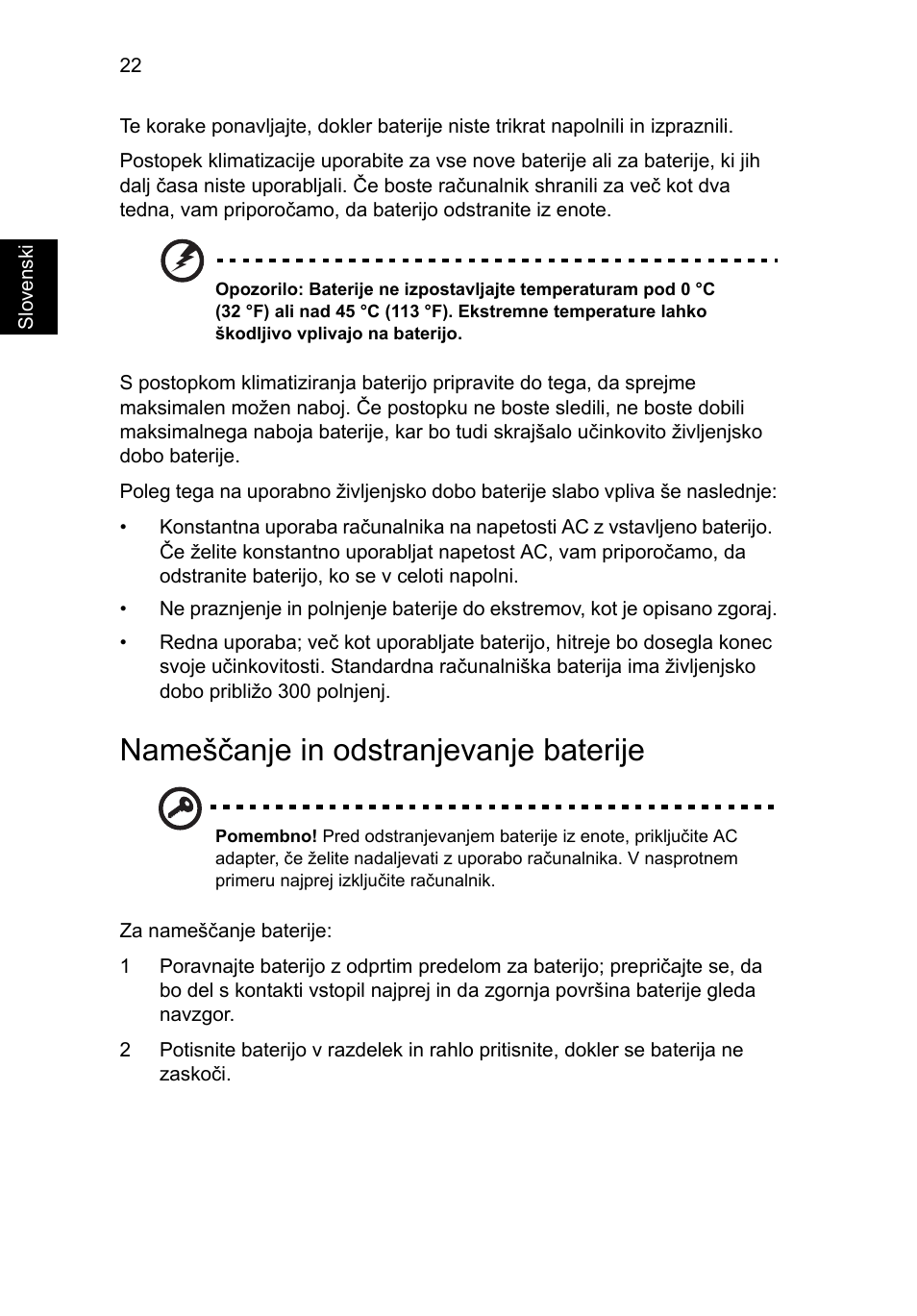 Nameščanje in odstranjevanje baterije | Acer Aspire 5745DG User Manual | Page 1196 / 2217