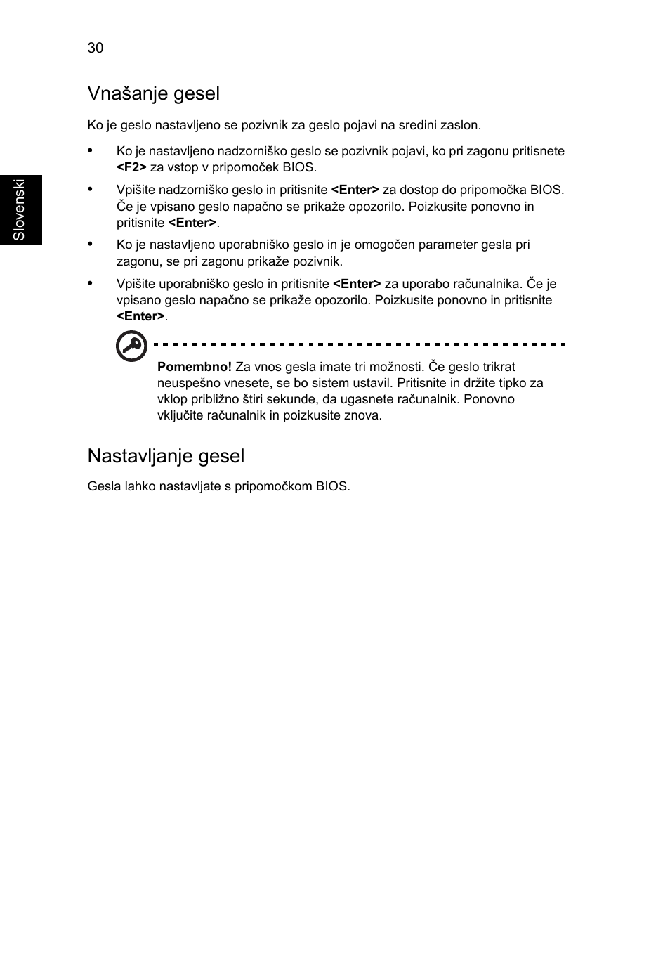 Vnašanje gesel, Nastavljanje gesel | Acer Aspire 5745DG User Manual | Page 1204 / 2217