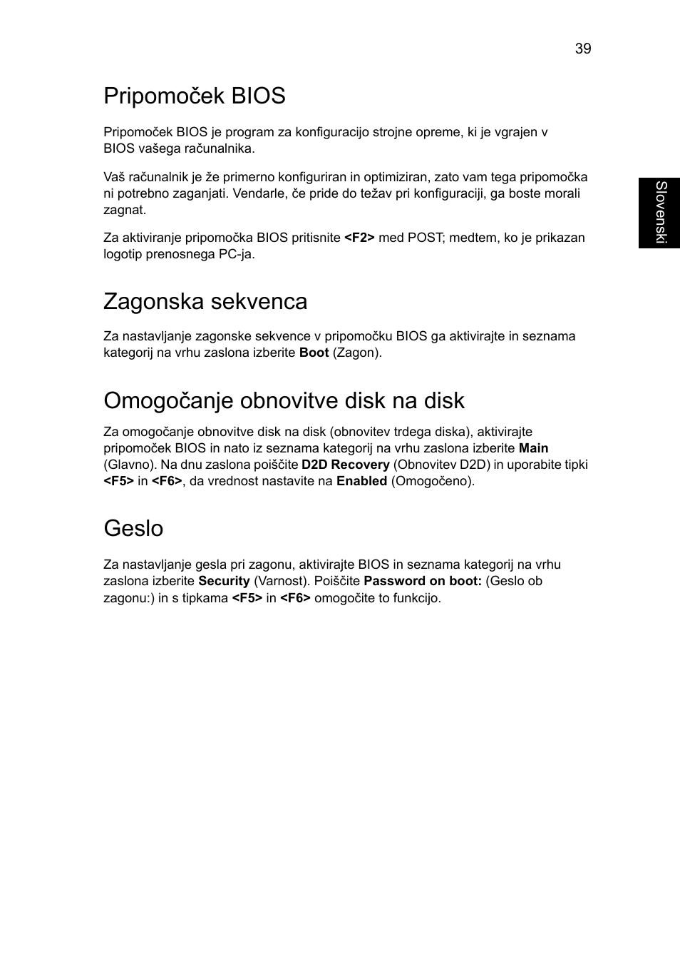 Pripomoček bios, Zagonska sekvenca, Omogočanje obnovitve disk na disk | Geslo | Acer Aspire 5745DG User Manual | Page 1213 / 2217