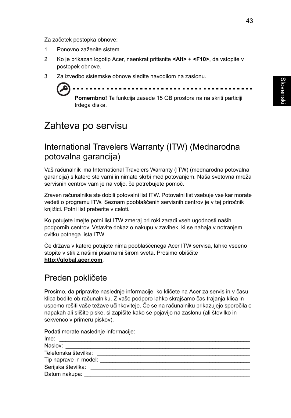 Zahteva po servisu, Preden pokličete | Acer Aspire 5745DG User Manual | Page 1217 / 2217