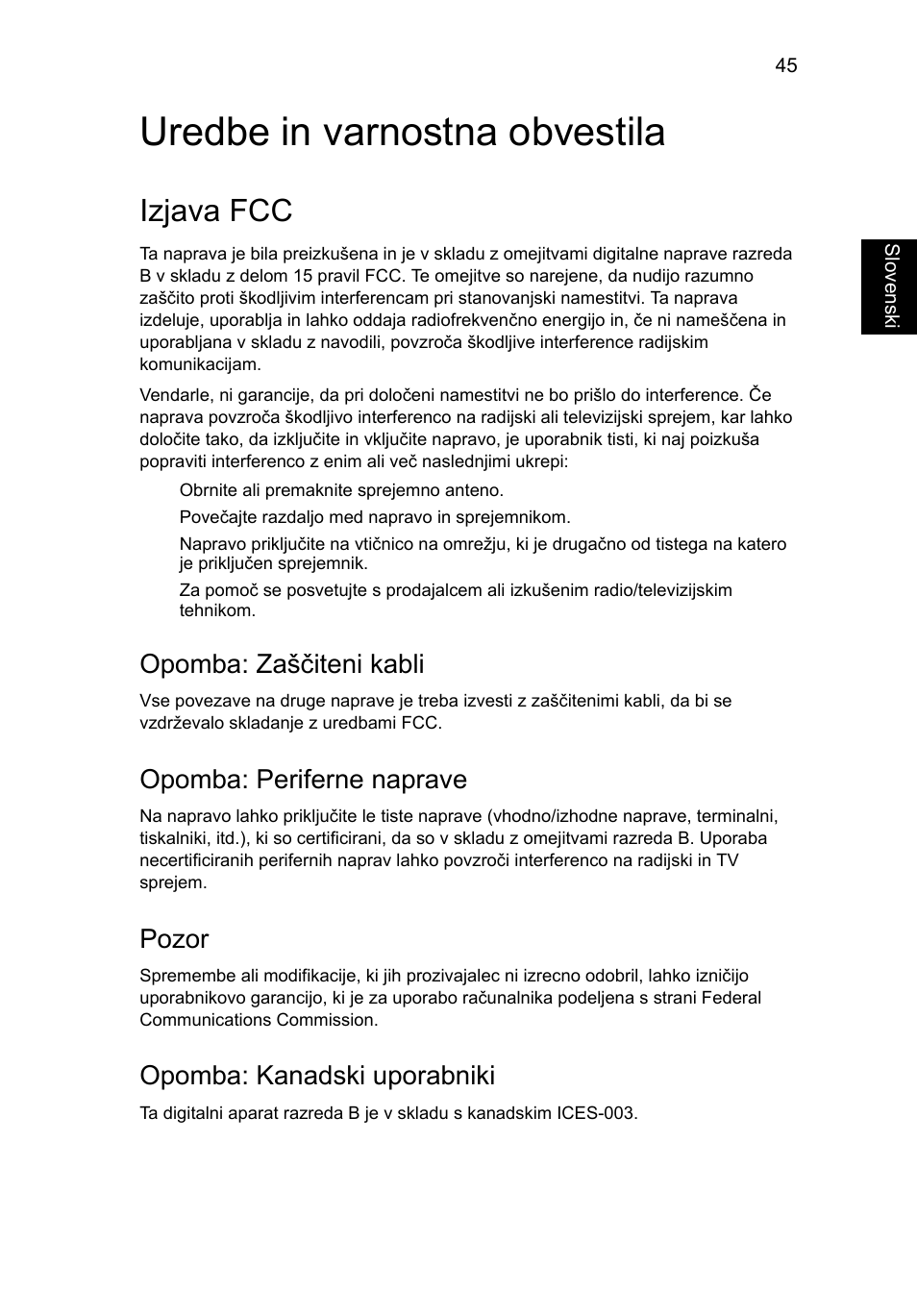 Uredbe in varnostna obvestila, Izjava fcc, Opomba: zaščiteni kabli | Opomba: periferne naprave, Pozor, Opomba: kanadski uporabniki | Acer Aspire 5745DG User Manual | Page 1219 / 2217