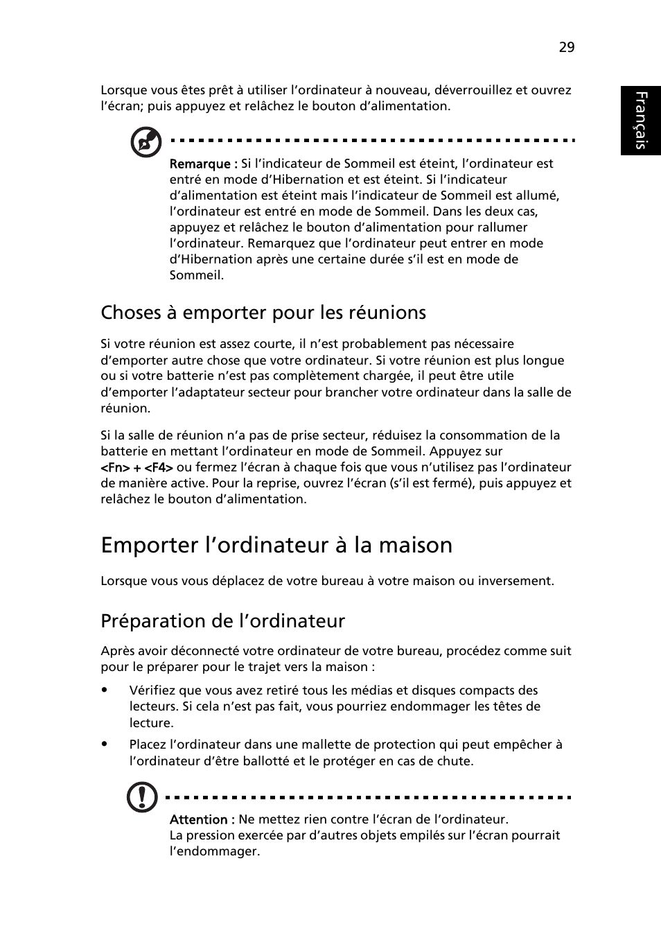 Emporter l’ordinateur à la maison, Choses à emporter pour les réunions, Préparation de l’ordinateur | Français | Acer Aspire 5745DG User Manual | Page 123 / 2217
