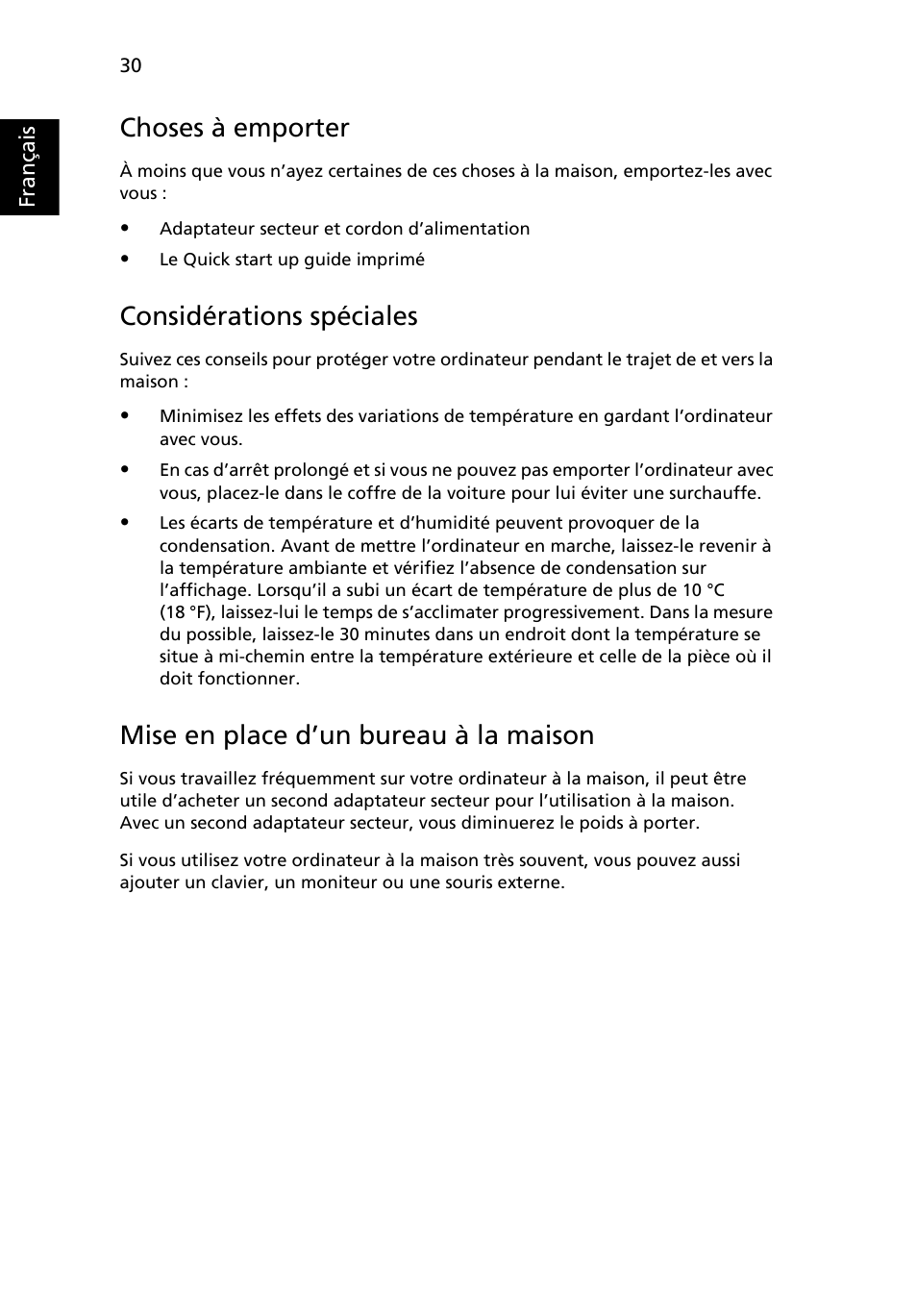 Choses à emporter, Considérations spéciales, Mise en place d’un bureau à la maison | Acer Aspire 5745DG User Manual | Page 124 / 2217