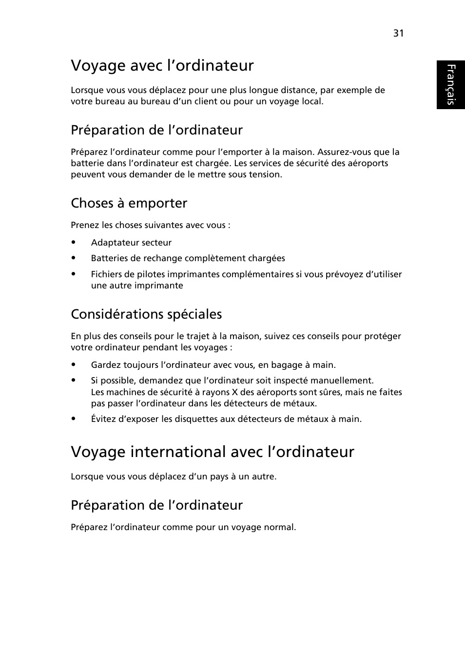 Voyage avec l’ordinateur, Voyage international avec l’ordinateur, Préparation de l’ordinateur | Choses à emporter, Considérations spéciales, Français | Acer Aspire 5745DG User Manual | Page 125 / 2217