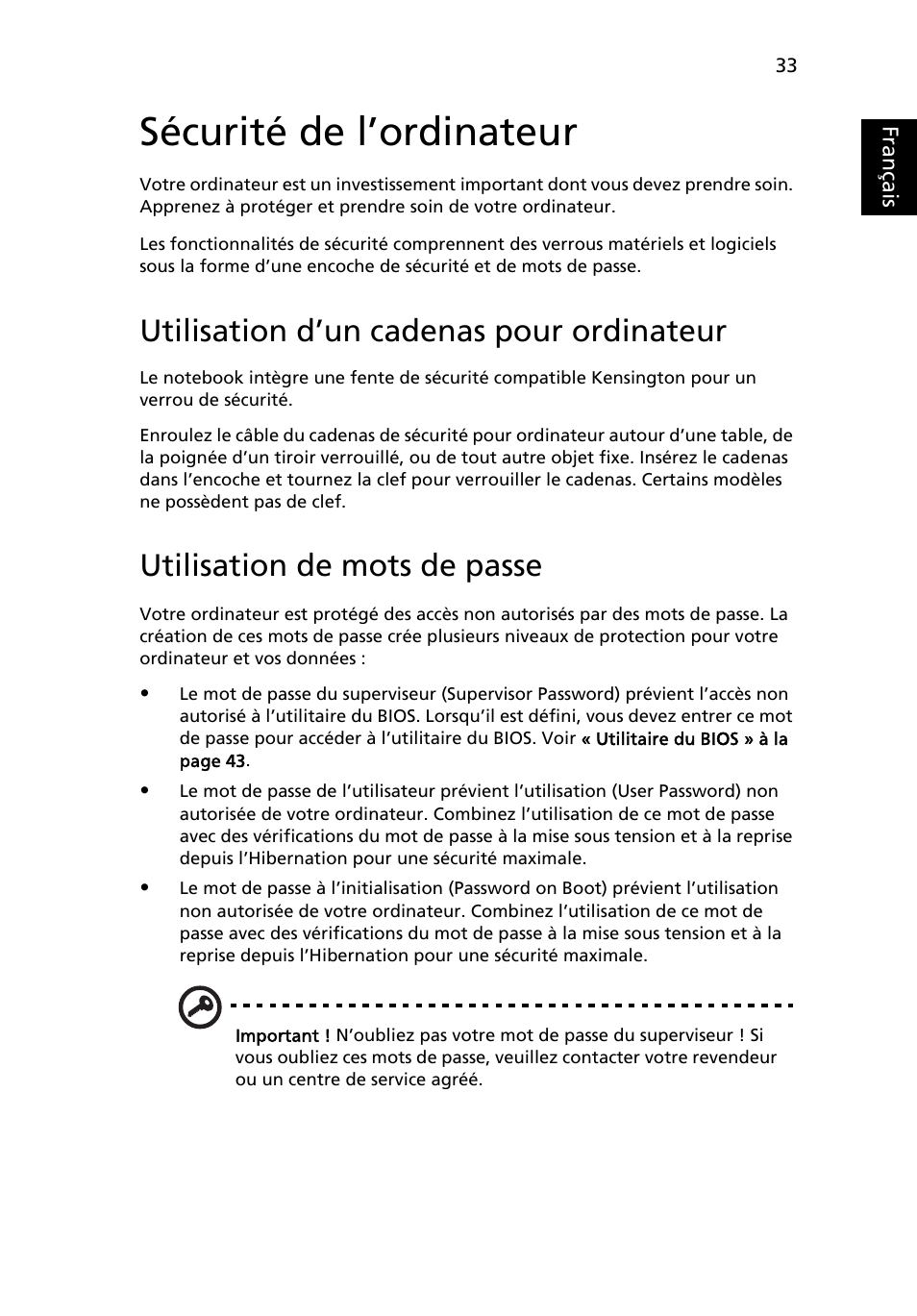 Sécurité de l’ordinateur, Utilisation d’un cadenas pour ordinateur, Utilisation de mots de passe | Français | Acer Aspire 5745DG User Manual | Page 127 / 2217