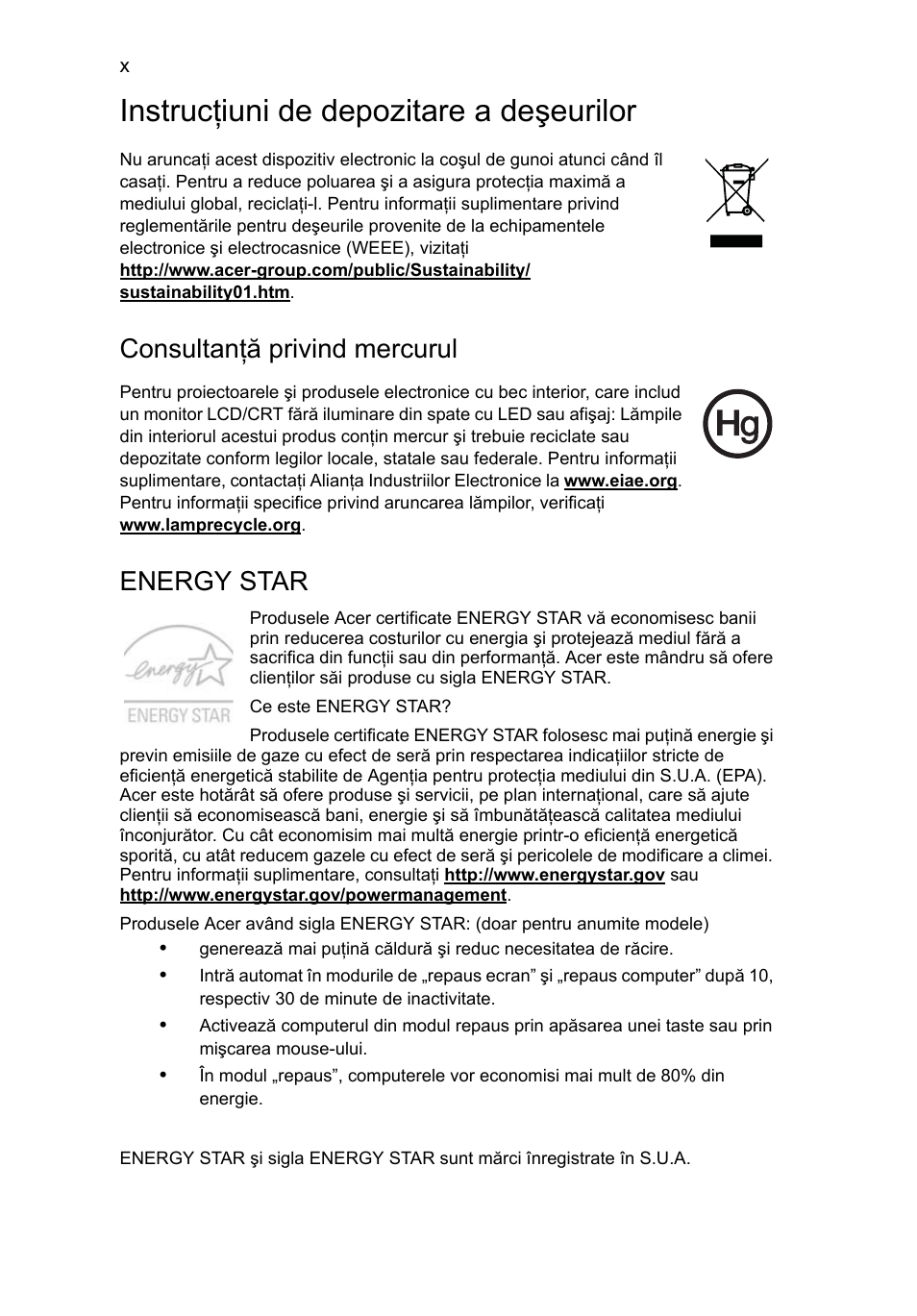 Instrucţiuni de depozitare a deşeurilor, Consultanţă privind mercurul, Energy star | Acer Aspire 5745DG User Manual | Page 1306 / 2217