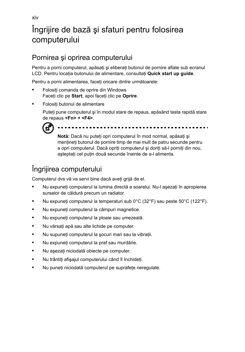 Pornirea şi oprirea computerului, Îngrijirea computerului | Acer Aspire 5745DG User Manual | Page 1310 / 2217