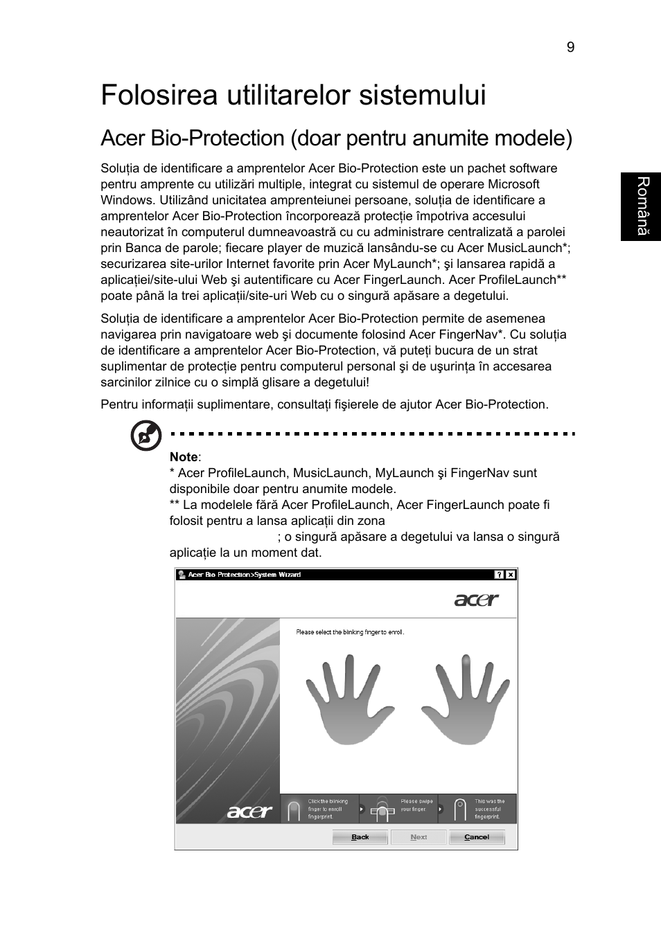 Folosirea utilitarelor sistemului, Acer bio-protection (doar pentru anumite modele) | Acer Aspire 5745DG User Manual | Page 1325 / 2217