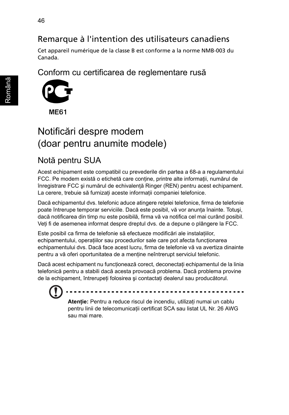 Remarque à l'intention des utilisateurs canadiens, Conform cu certificarea de reglementare rusă, Notă pentru sua | Acer Aspire 5745DG User Manual | Page 1362 / 2217