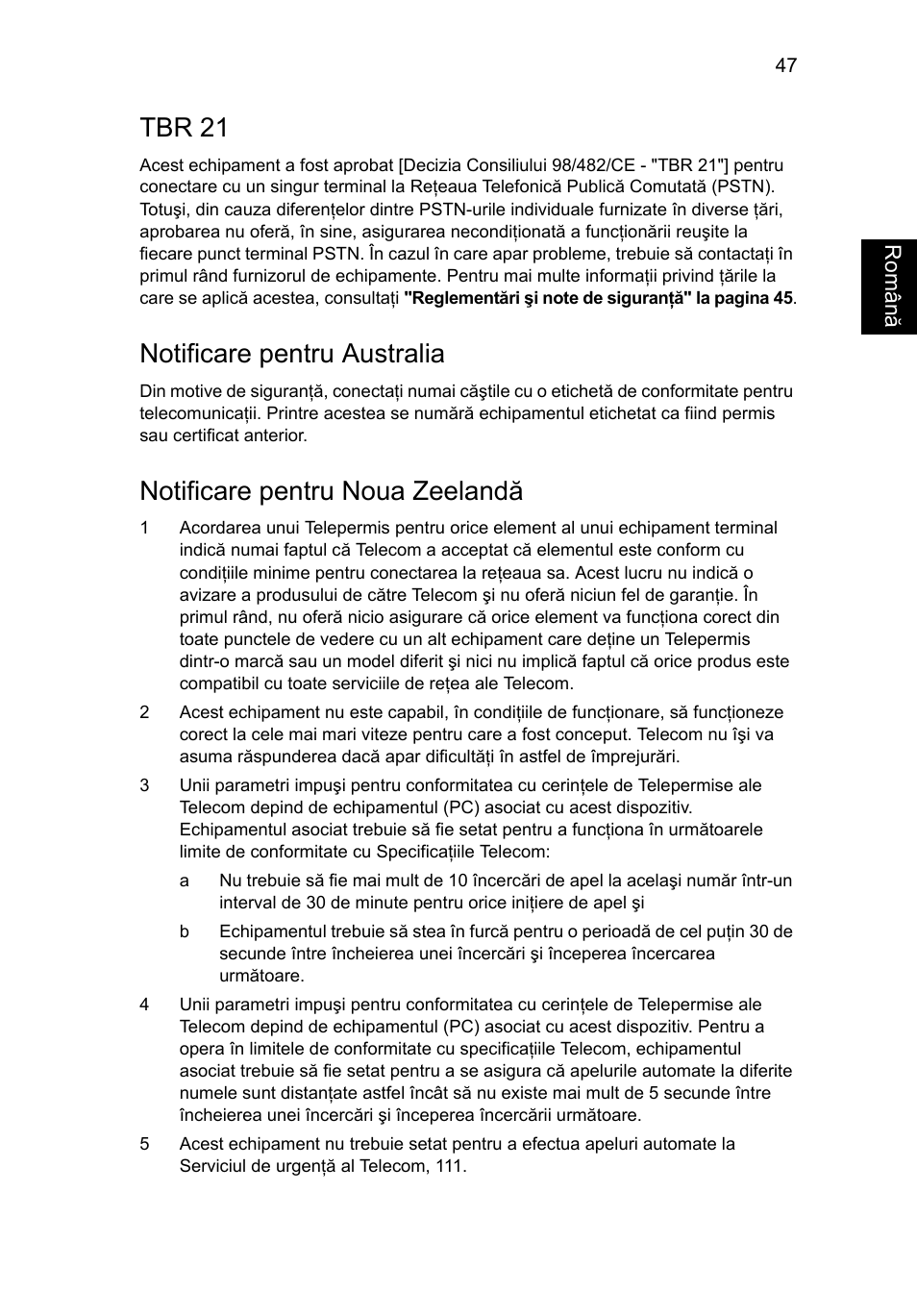 Tbr 21, Notificare pentru australia, Notificare pentru noua zeelandă | Acer Aspire 5745DG User Manual | Page 1363 / 2217