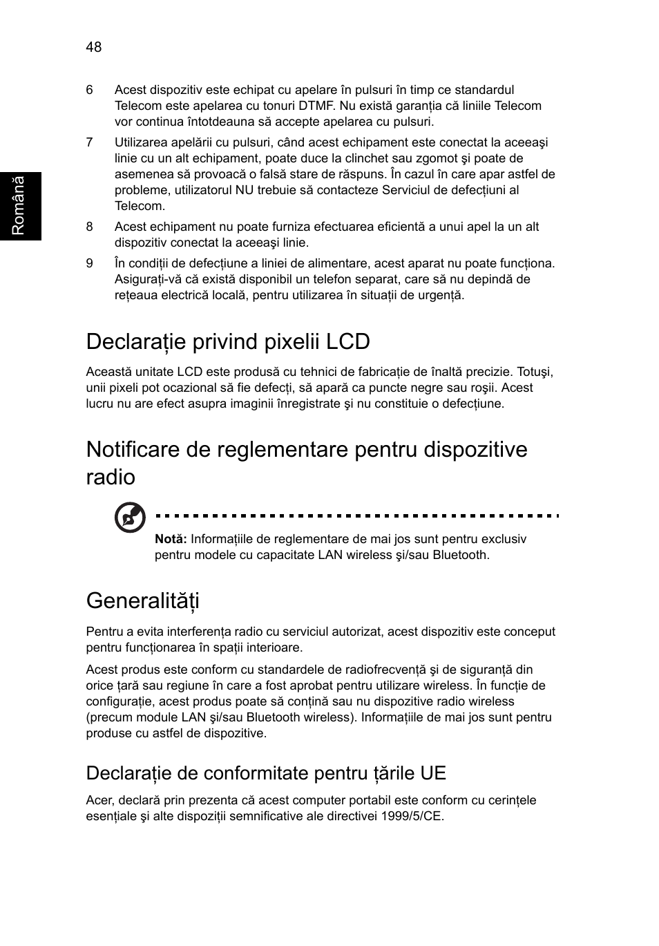 Declaraţie privind pixelii lcd, Generalităţi, Declaraţie de conformitate pentru ţările ue | Acer Aspire 5745DG User Manual | Page 1364 / 2217