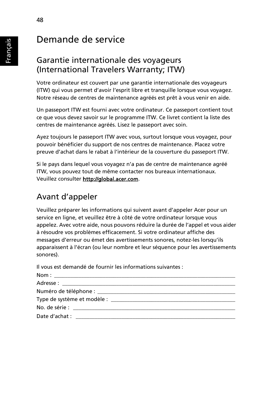 Demande de service, Avant d’appeler | Acer Aspire 5745DG User Manual | Page 142 / 2217