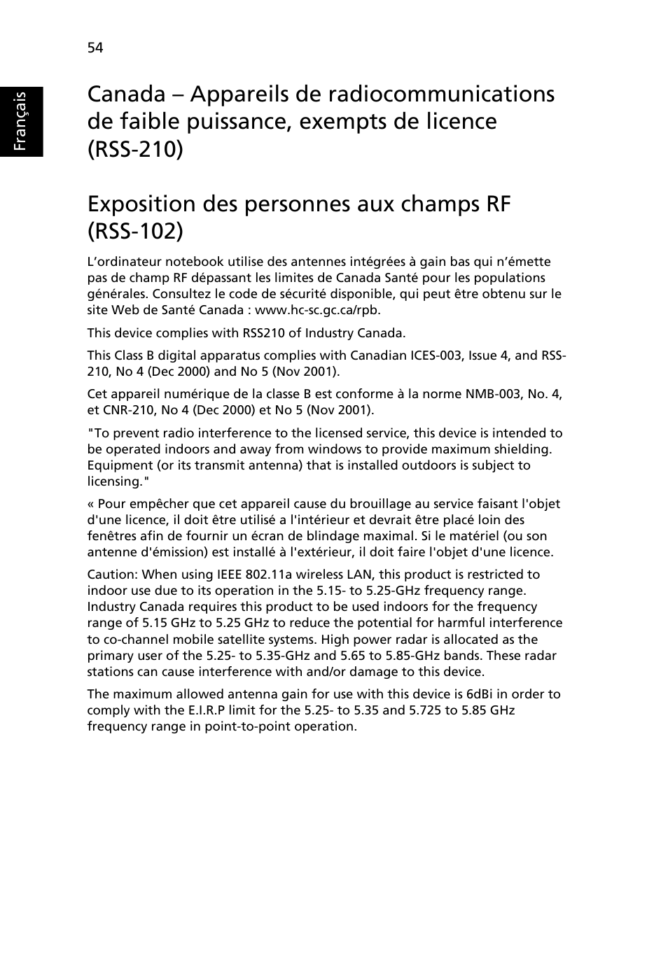 Exposition des personnes aux champs rf (rss-102) | Acer Aspire 5745DG User Manual | Page 148 / 2217
