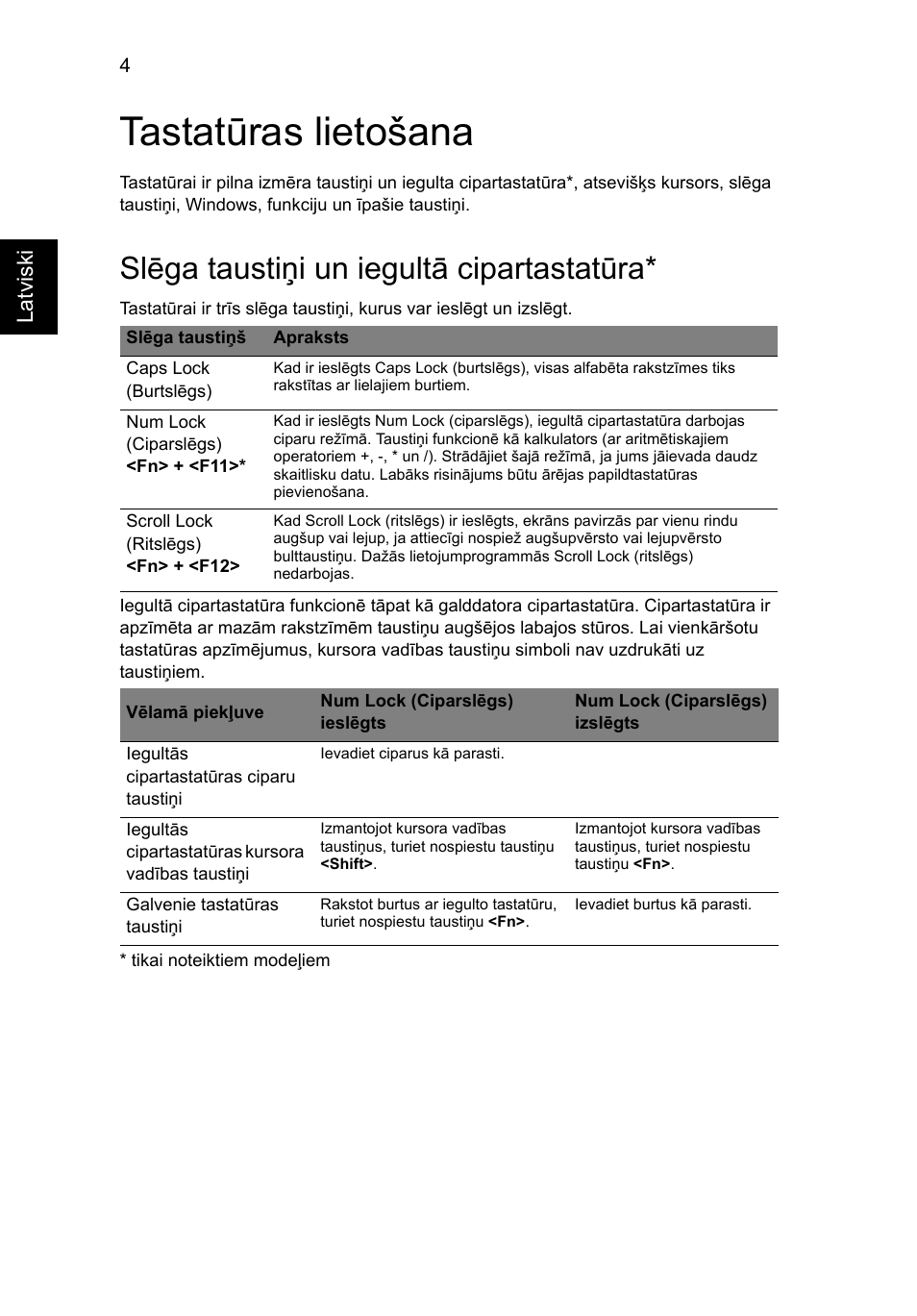 Tastatūras lietošana, Slēga taustiņi un iegultā cipartastatūra | Acer Aspire 5745DG User Manual | Page 1536 / 2217