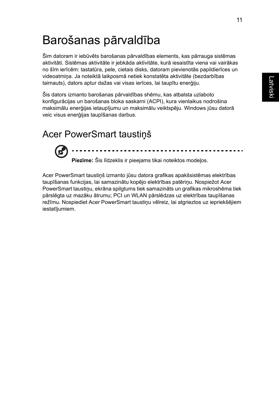 Barošanas pārvaldība, Acer powersmart taustiņš | Acer Aspire 5745DG User Manual | Page 1543 / 2217
