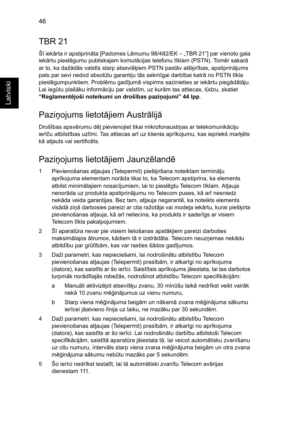Tbr 21, Paziņojums lietotājiem austrālijā, Paziņojums lietotājiem jaunzēlandē | Acer Aspire 5745DG User Manual | Page 1578 / 2217