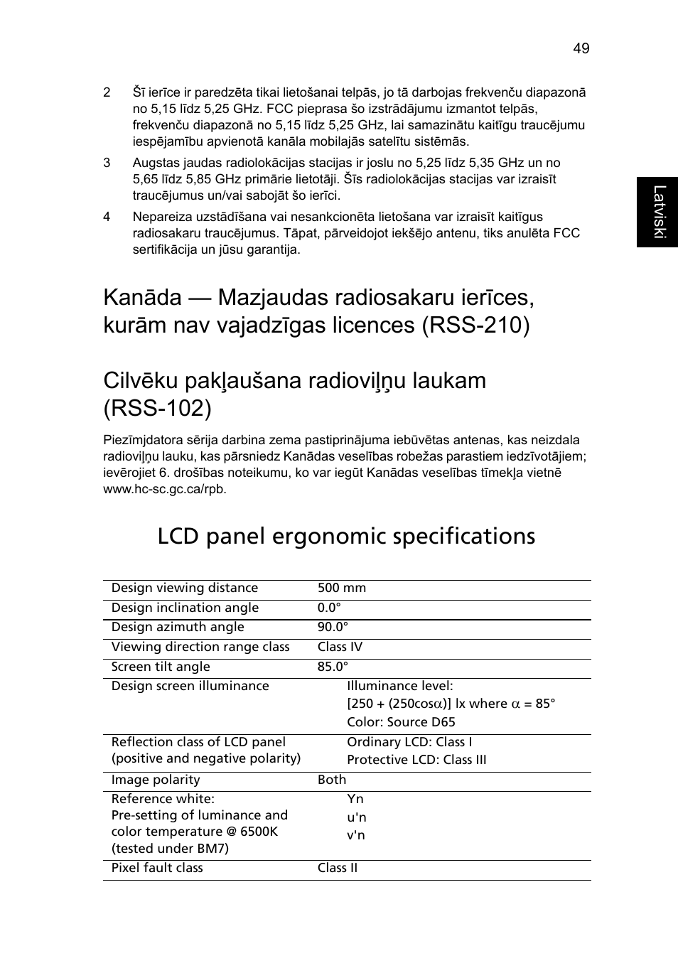 Cilvēku pakļaušana radioviļņu laukam (rss-102), Lcd panel ergonomic specifications | Acer Aspire 5745DG User Manual | Page 1581 / 2217
