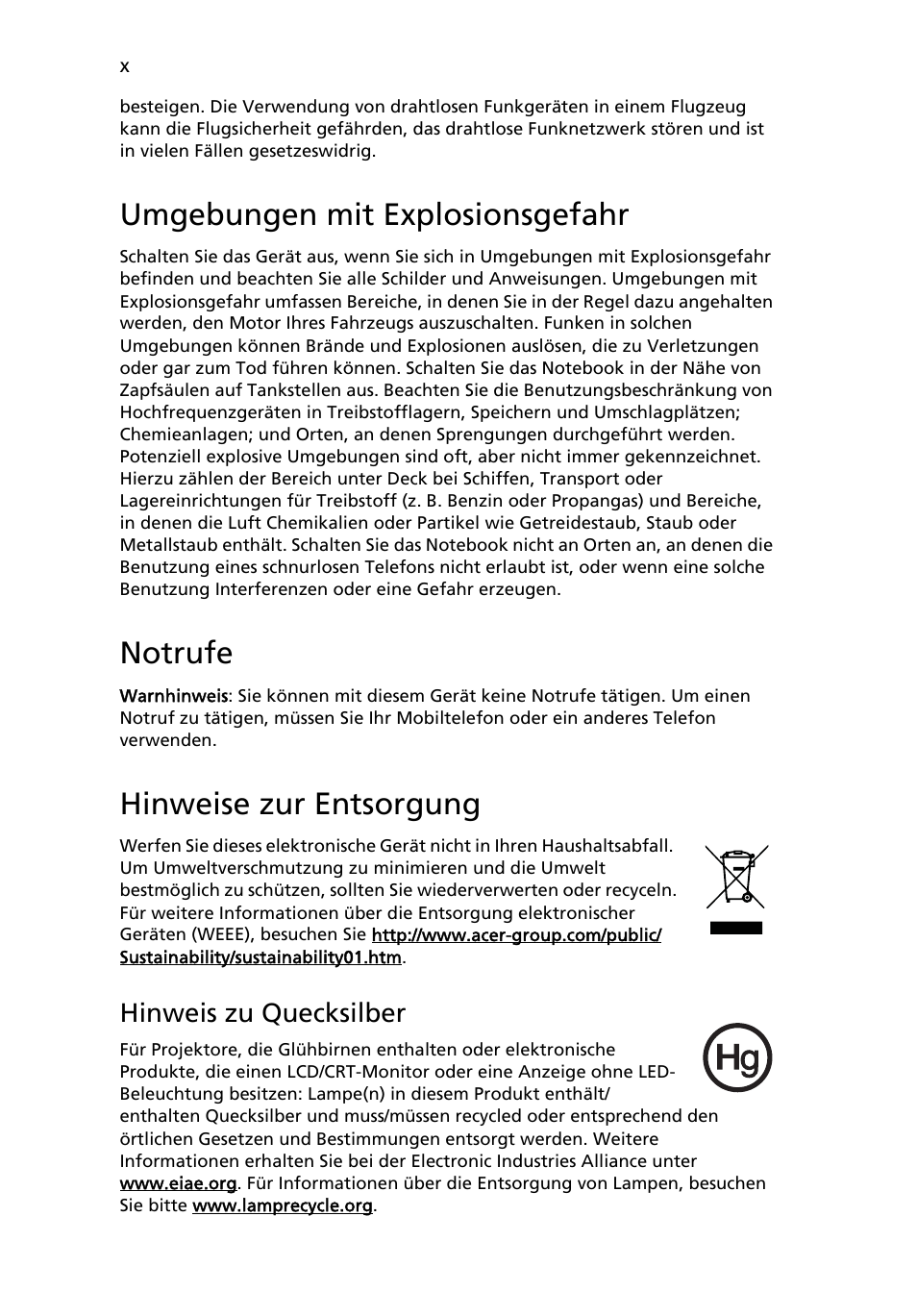 Umgebungen mit explosionsgefahr, Notrufe, Hinweise zur entsorgung | Hinweis zu quecksilber | Acer Aspire 5745DG User Manual | Page 160 / 2217