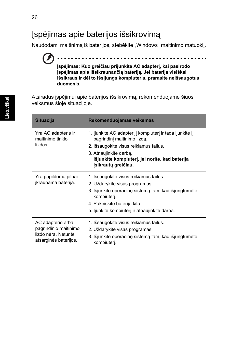Įspėjimas apie baterijos išsikrovimą | Acer Aspire 5745DG User Manual | Page 1628 / 2217